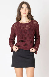 WINE OPEN STITCH WAVY HEM SWEATER, Dex, wine open stitch sweater