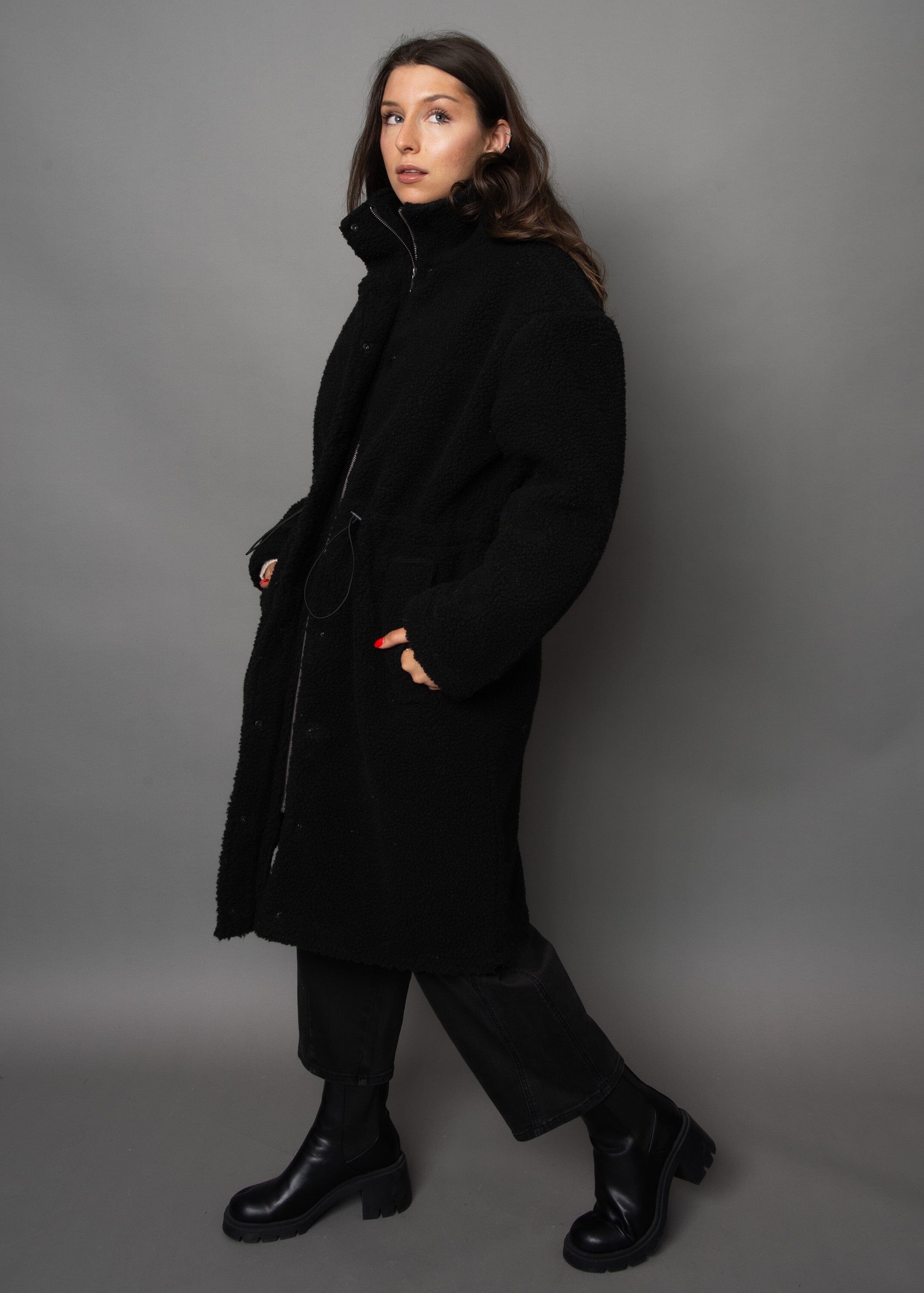 BLACK LONG SHERPA JACKET, RD STYLE, oversized black sherpa coat, cozy black teddy jacket, long black sherpa outerwear