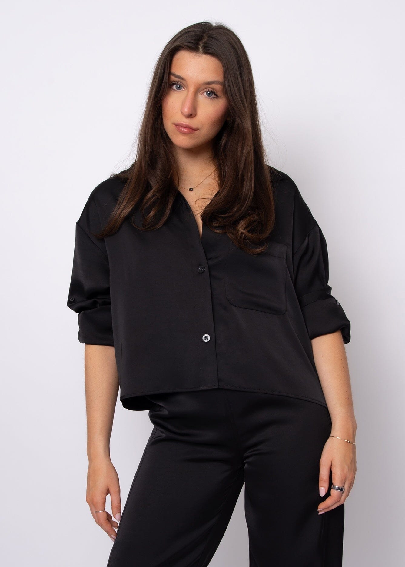 KERWIN BLACK SILKY BLOUSE, RD STYLE, black silky blouse, relaxed satin top, womens black button blouse, soft drape collared shirt, elevated everyday top, minimal black blouse 