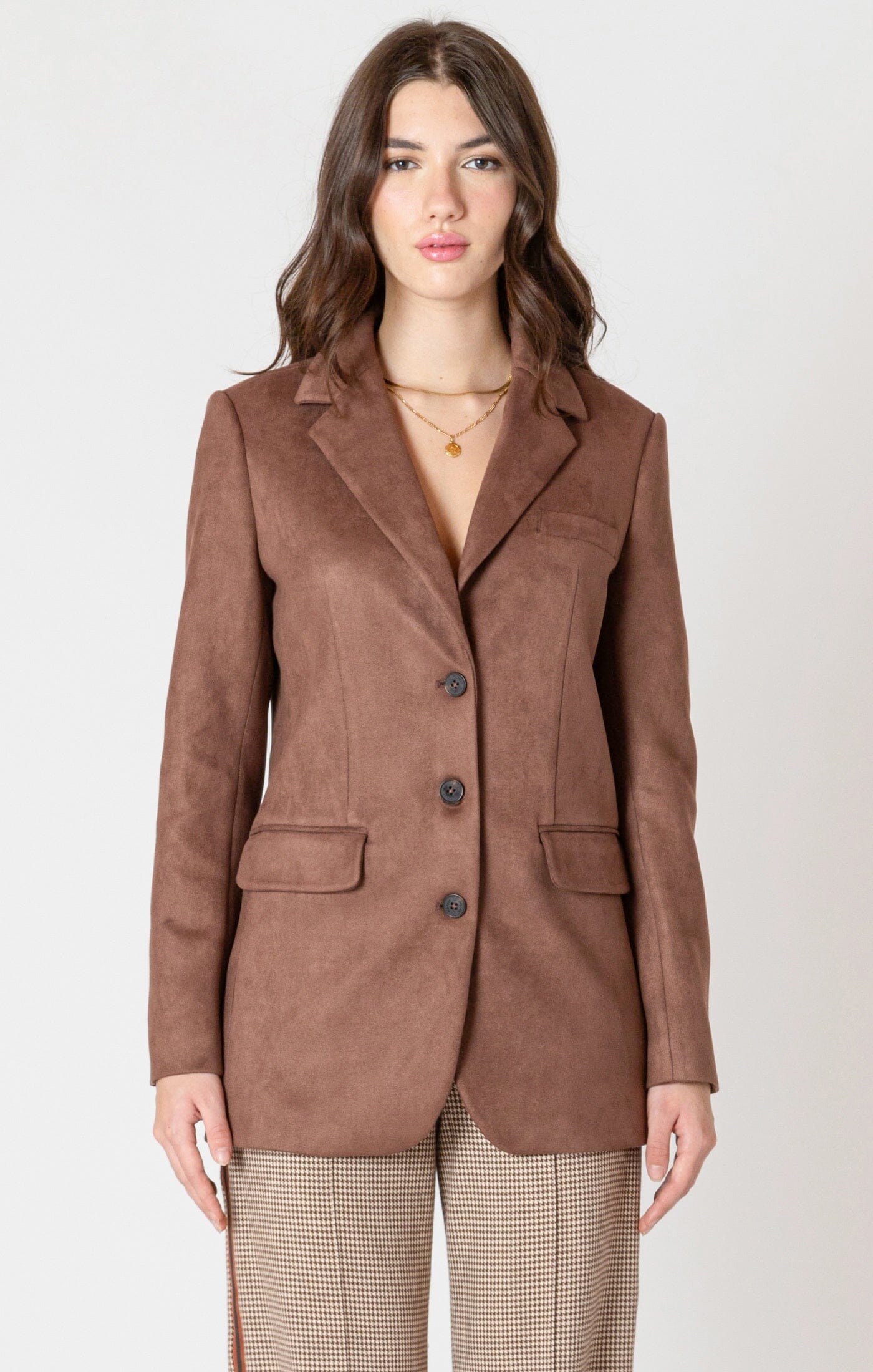 BROWN SUEDE BLAZER, Dex, brown suede women’s blazer, soft suede jacket, tailored brown blazer, structured suede coat, chic brown outerwear, suede tailored jacket, versatile brown layering piece, women’s suede button blazer