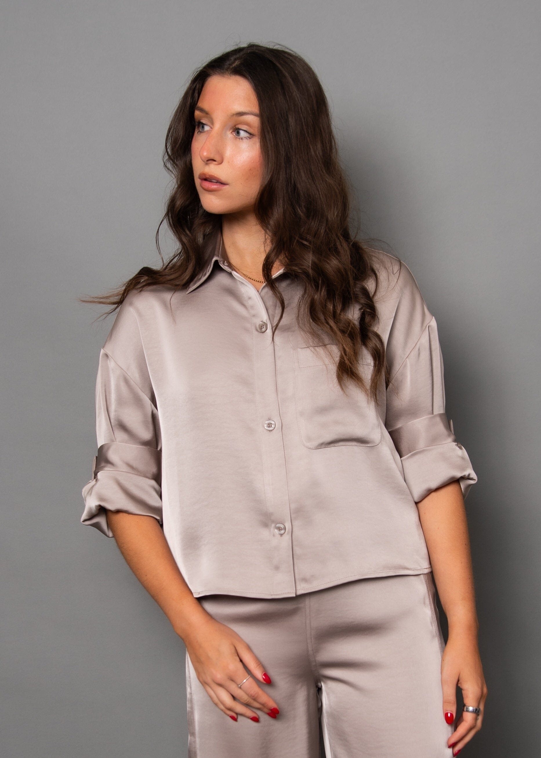 KERWIN TAUPE SILKY BLOUSE, RD STYLE, taupe satin blouse, silky neutral button down, women’s satin shirt taupe, drapey silky top, soft sheen blouse, relaxed satin button front, chic neutral silky blouse, everyday satin wardrobe top