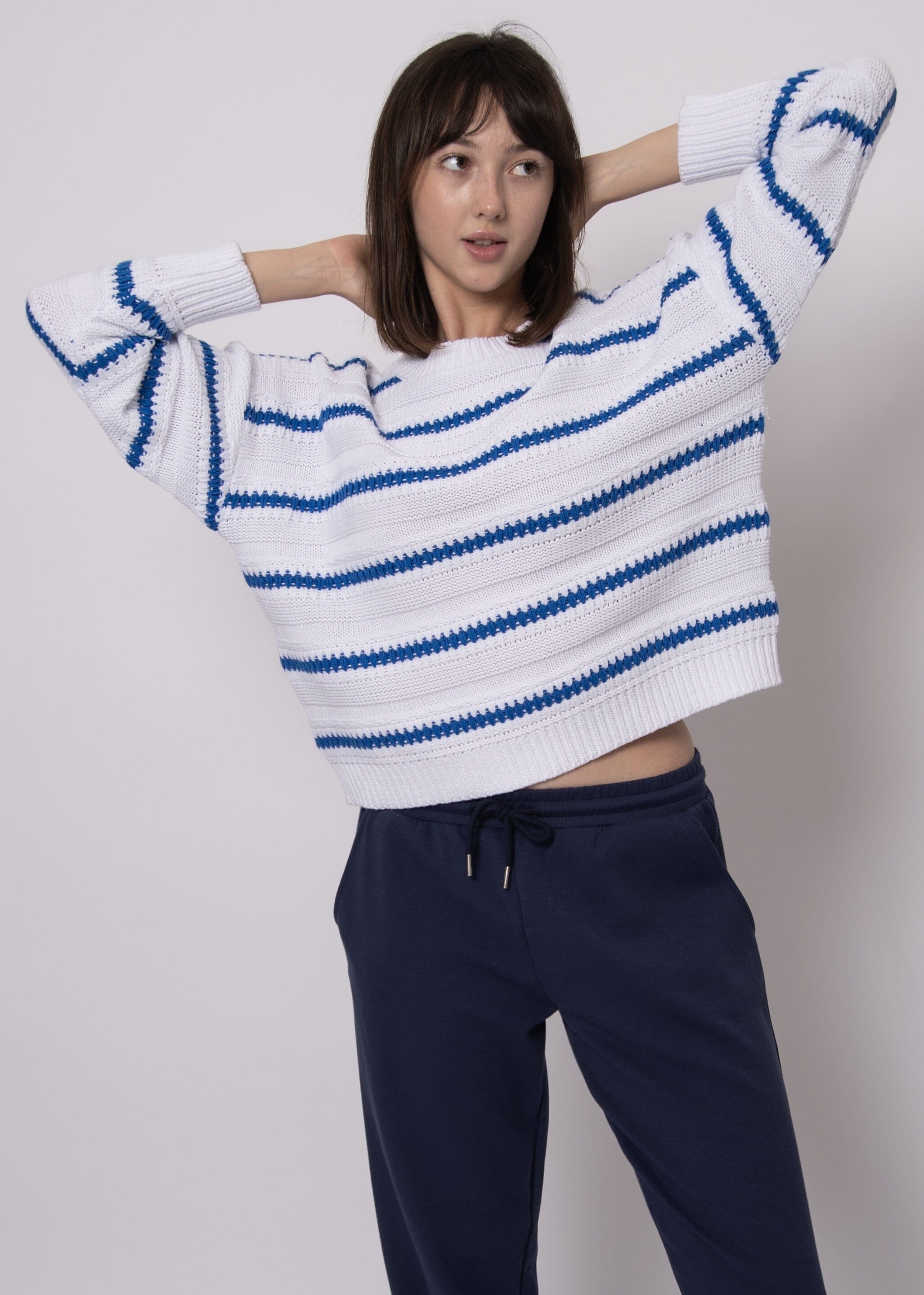 everyday knit sweater, relaxed fit stripe sweater, modern stripe pullover
