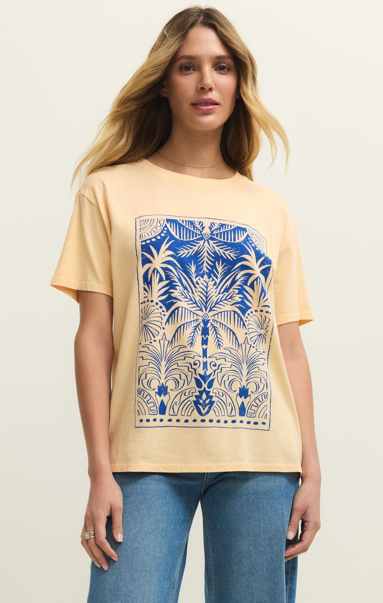 palm graphic tee, boyfriend tee women, tropical graphic t shirt, casual graphic tee women, palm tree t shirt, relaxed fit graphic tee, summer graphic tee, soft cotton t shirt women, coastal graphic tee, everyday graphic t shirt, yellow graphic tee, modern casual tee, Z SUPPLY