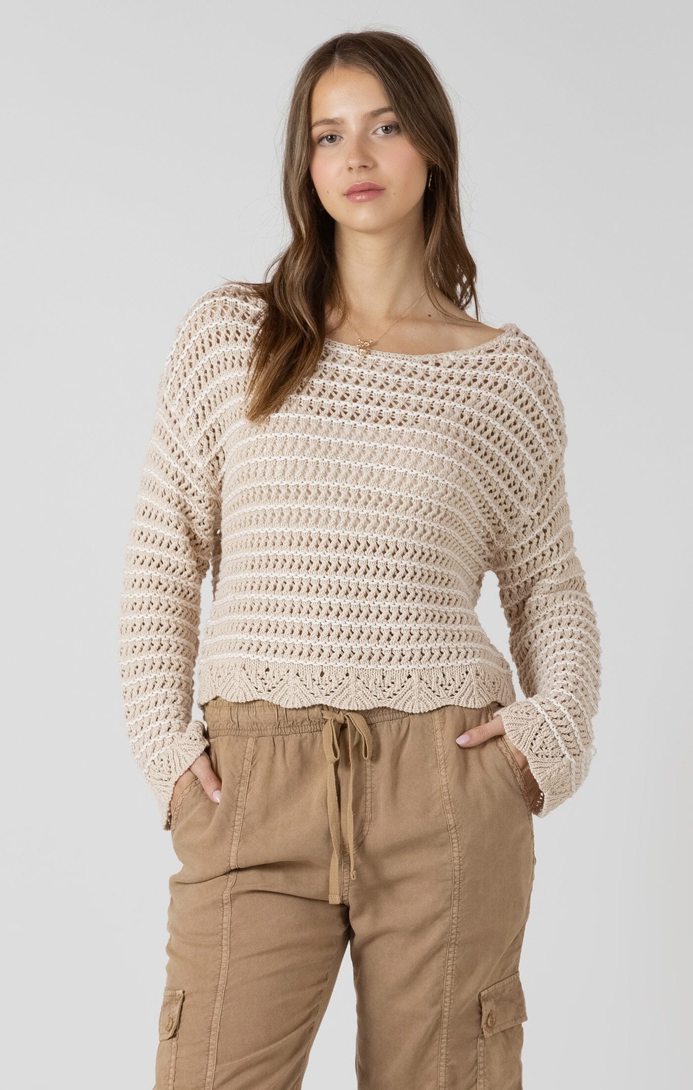 sand wash knit sweater, scallop hem knit top, open knit sweater women