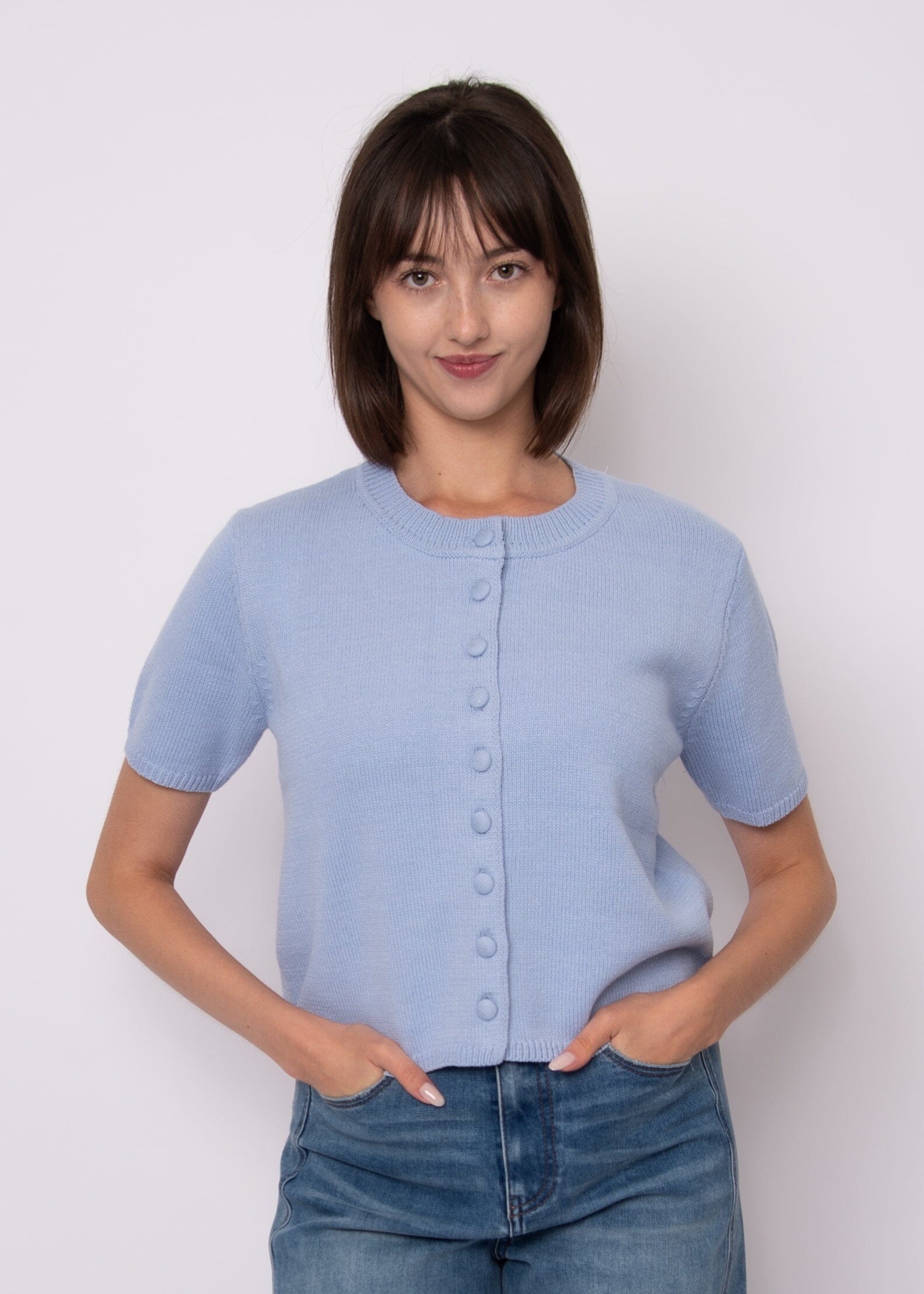 light blue cardigan women, short sleeve cardigan top, cropped knit cardigan women, button front cardigan top, pastel blue sweater top