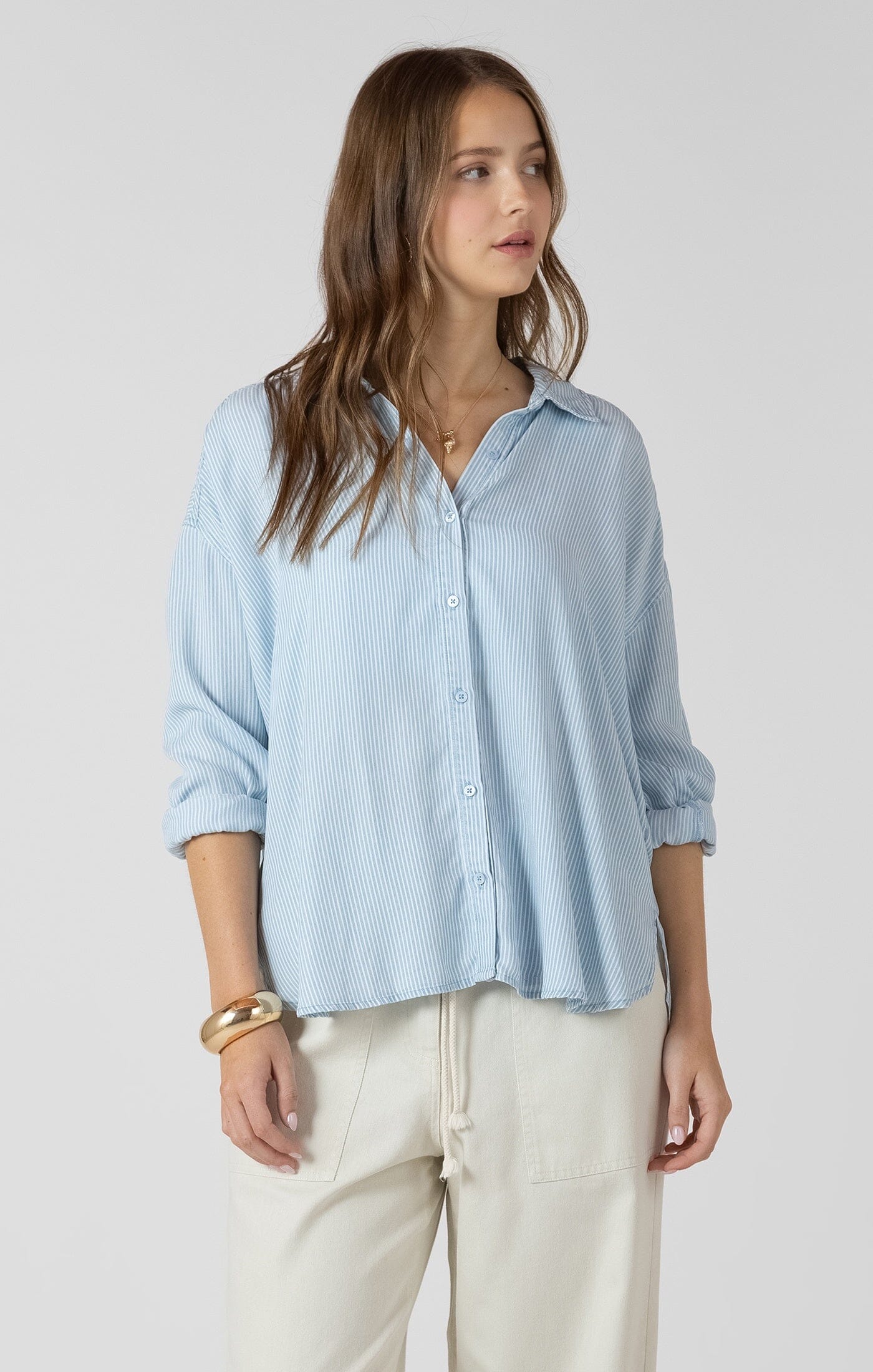 COASTAL RELAXED BUTTON FRONT SHIRT, Dex, blue striped button down shirt women, relaxed button front shirt women, coastal blue blouse women, lightweight striped shirt women