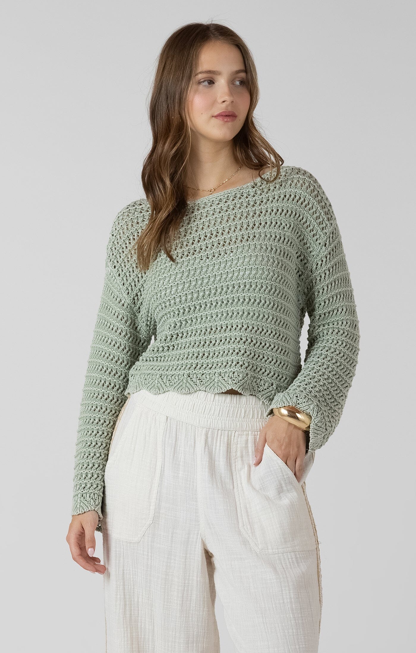 breathable knit sweater women, scalloped hem sweater women, sage green sweater women, airy knit top women