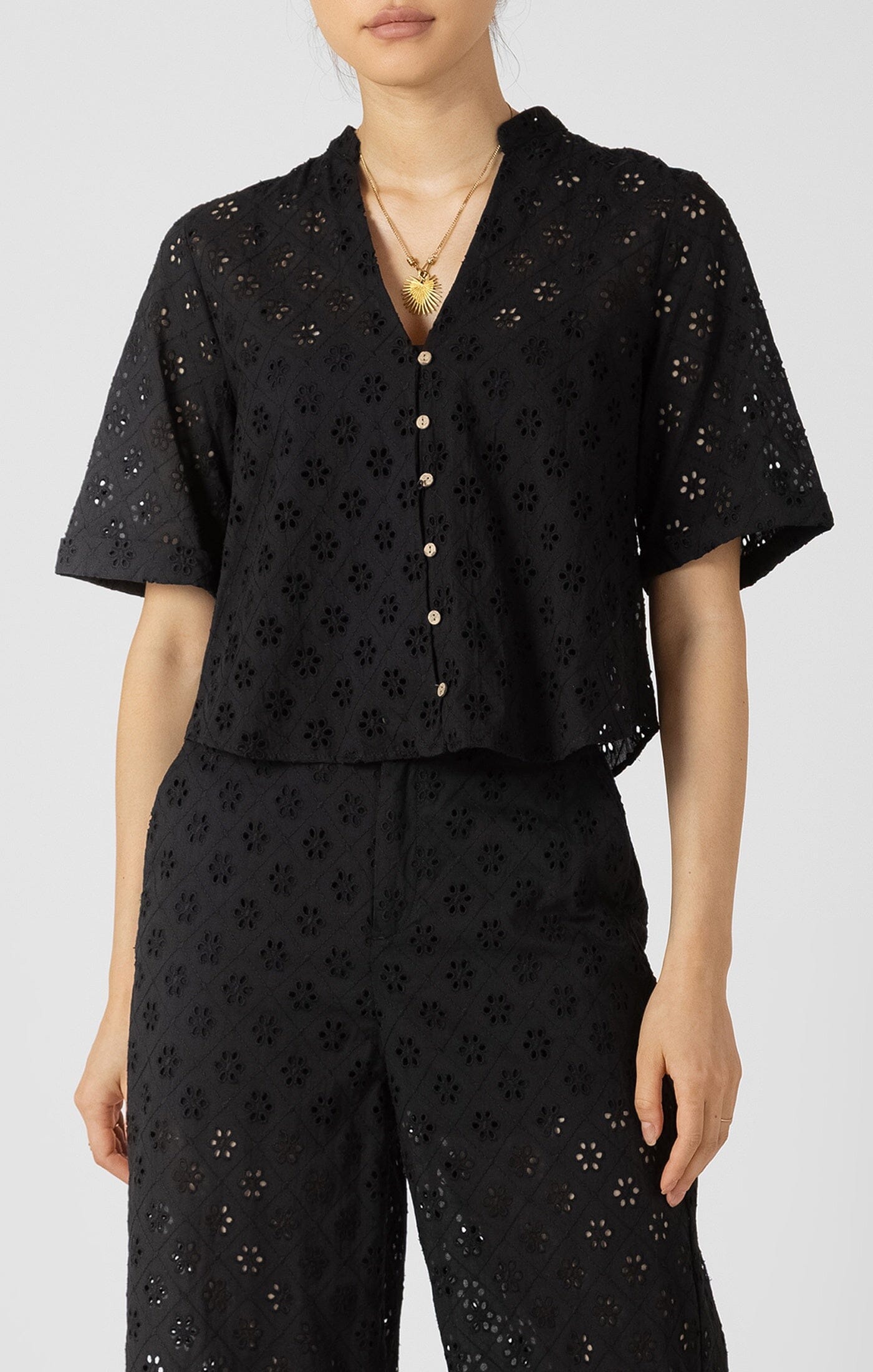 black eyelet blouse women, cutwork embroidered blouse women, black embroidered top women, eyelet blouse women black, button front blouse women black, summer embroidered blouse women