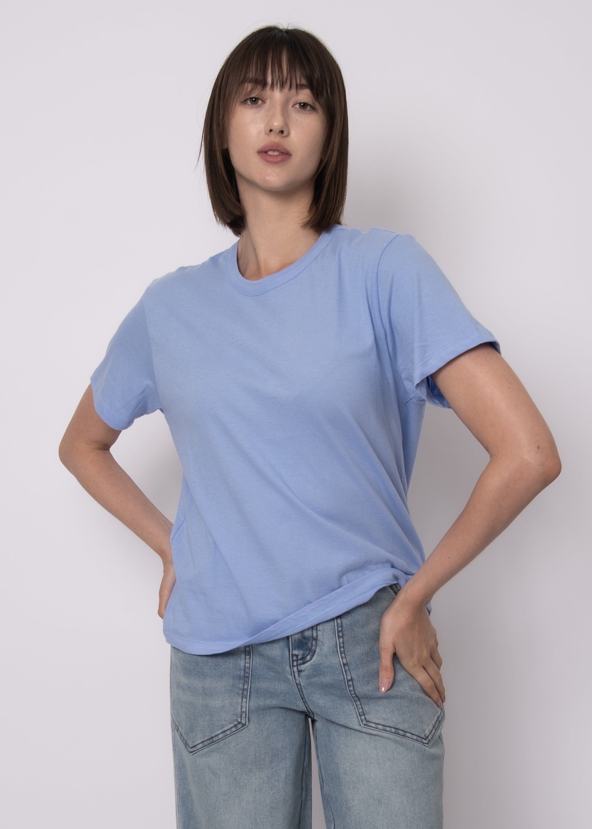 RD STYLE, baby blue tee women, light blue relaxed t shirt women, soft blue tee top, pastel blue t shirt outfit, relaxed fit blue tee women, everyday blue basic tee, lightweight blue t shirt women, baby blue casual top, soft fabric blue tee