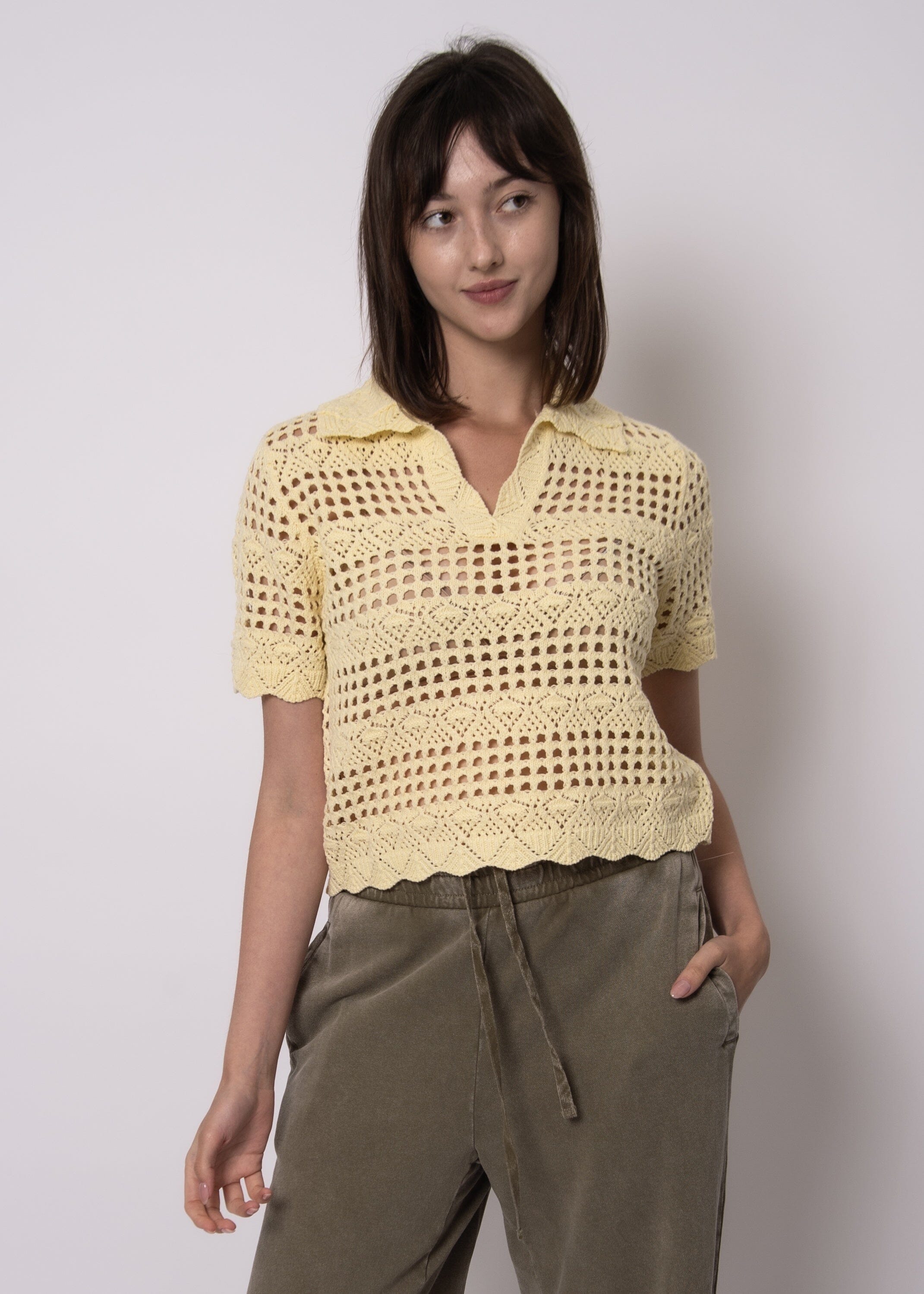 RD STYLE, yellow knit top women, scalloped knit top, crochet knit sweater women, lightweight knit top, spring knit top women