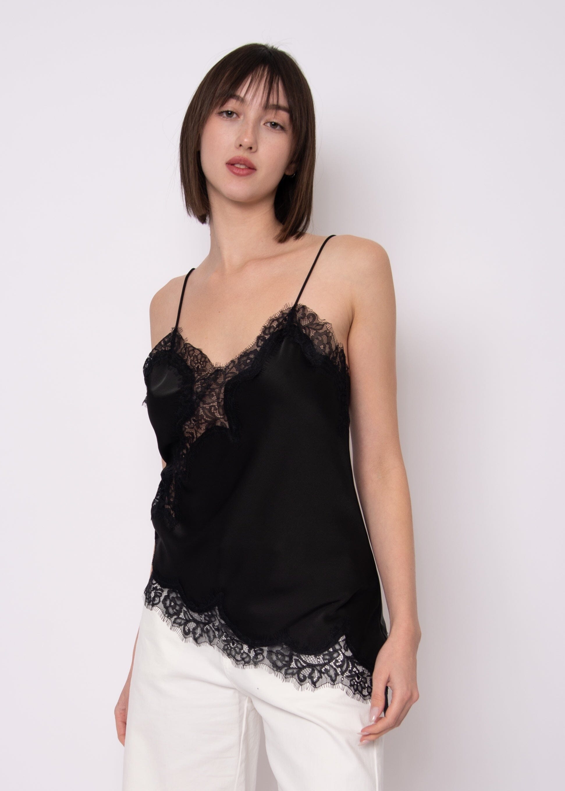 black satin tank top women, lace trim camisole black, satin cami top black, black lace camisole, silk look tank top women, dressy black tank top