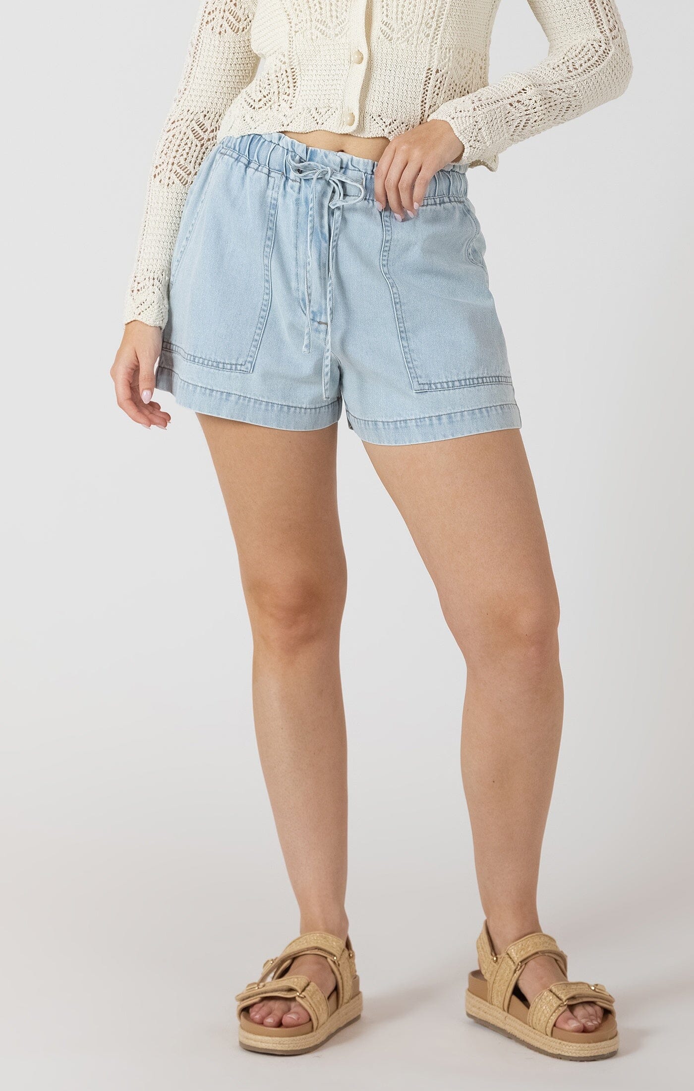 light wash denim shorts women, elastic waist denim shorts, drawstring denim shorts women, casual summer shorts women, lightweight denim shorts, relaxed fit denim shorts, soft denim shorts women, high waist denim shorts women, comfortable denim shorts