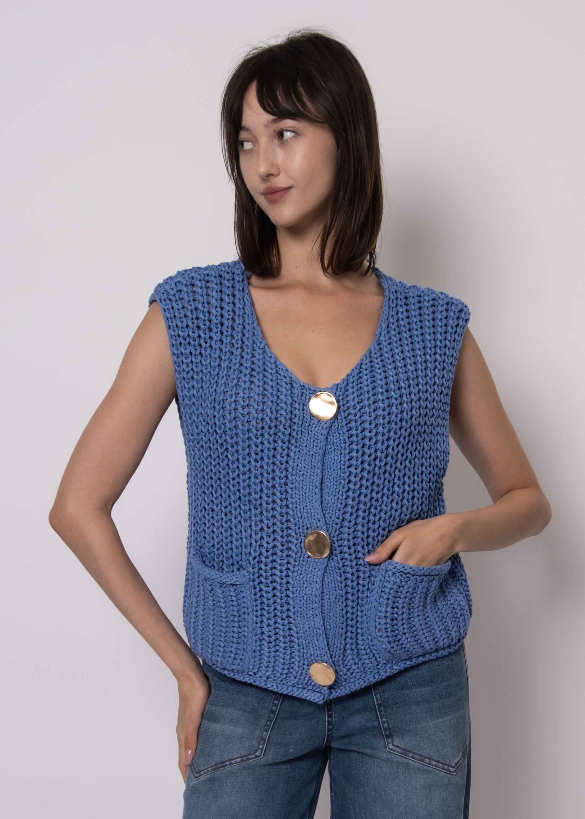 RD Style azure blue knit vest women front view with statement gold buttons