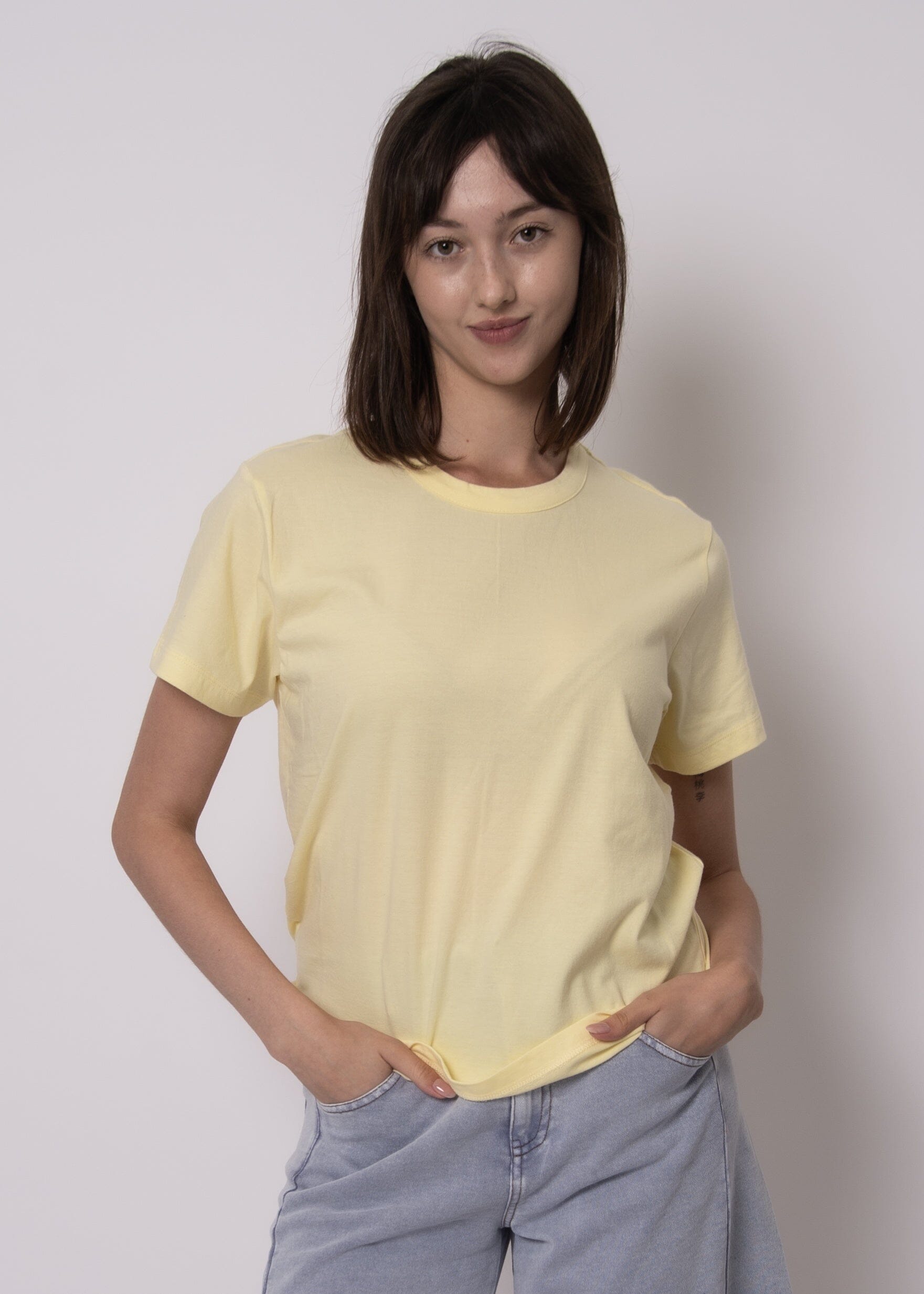 RD STYLE, butter yellow tee women, yellow relaxed t shirt women, soft yellow tee top, pastel yellow t shirt outfit, relaxed fit yellow tee women, everyday yellow basic tee, lightweight yellow t shirt women, butter yellow casual top