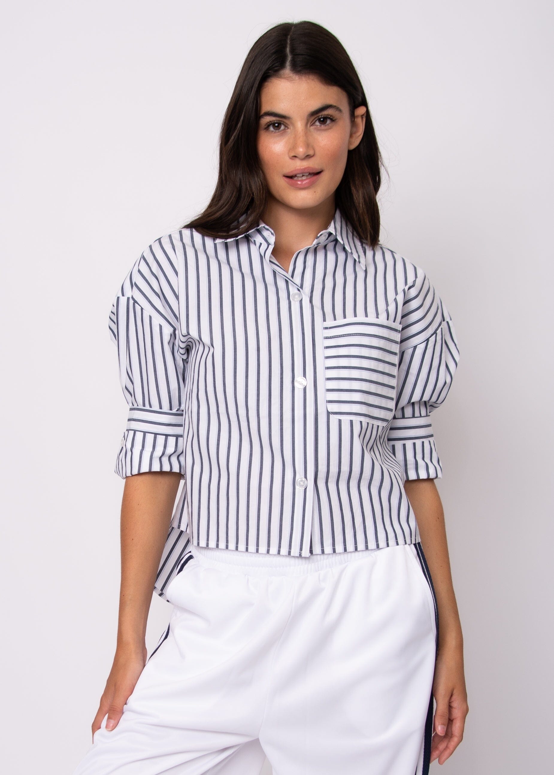 white striped poplin shirt women, hi low striped button down, women striped cotton shirt