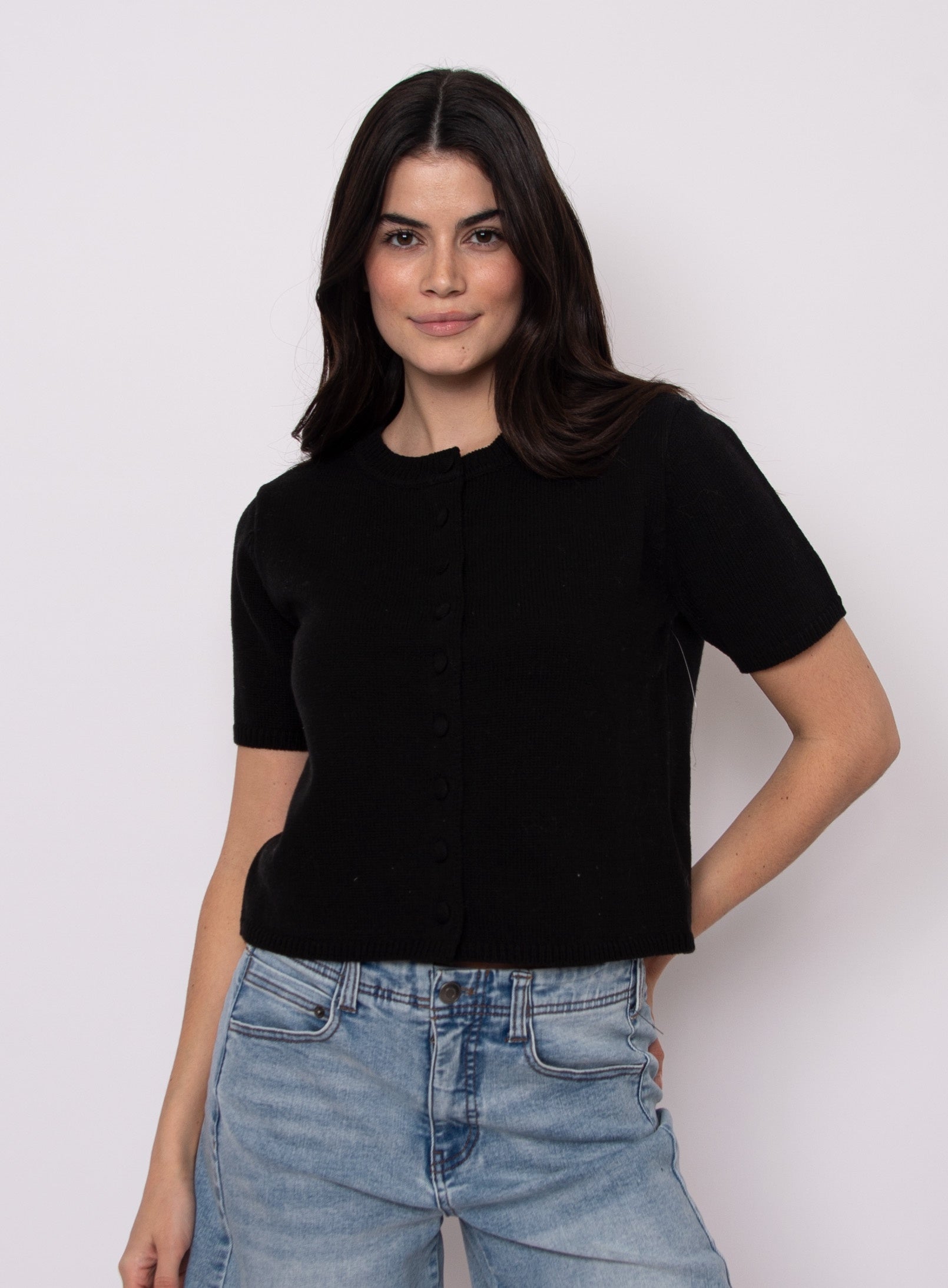 Women's black short sleeve knit cardigan by RD Style with button front and crew neckline