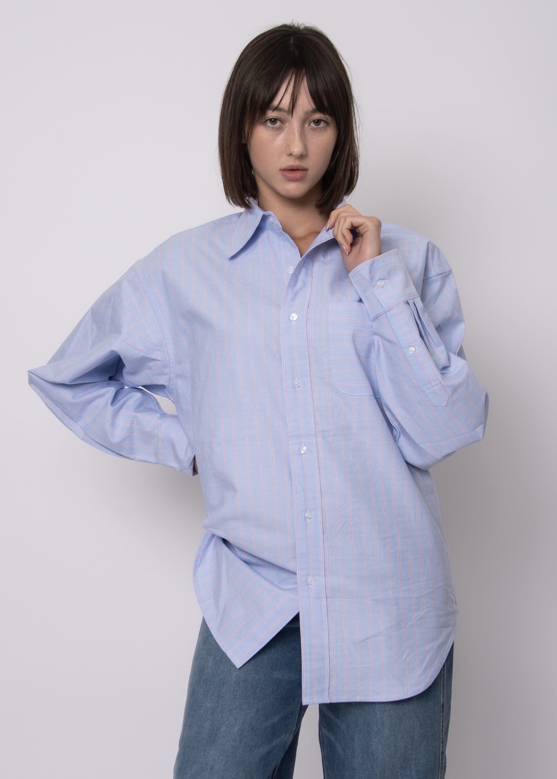 STRIPED OXFORD BUTTONDOWN, RD STYLE, striped oxford buttondown women, blue striped button up shirt