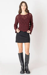 womens textured knit pullover, wavy hem burgundy sweater