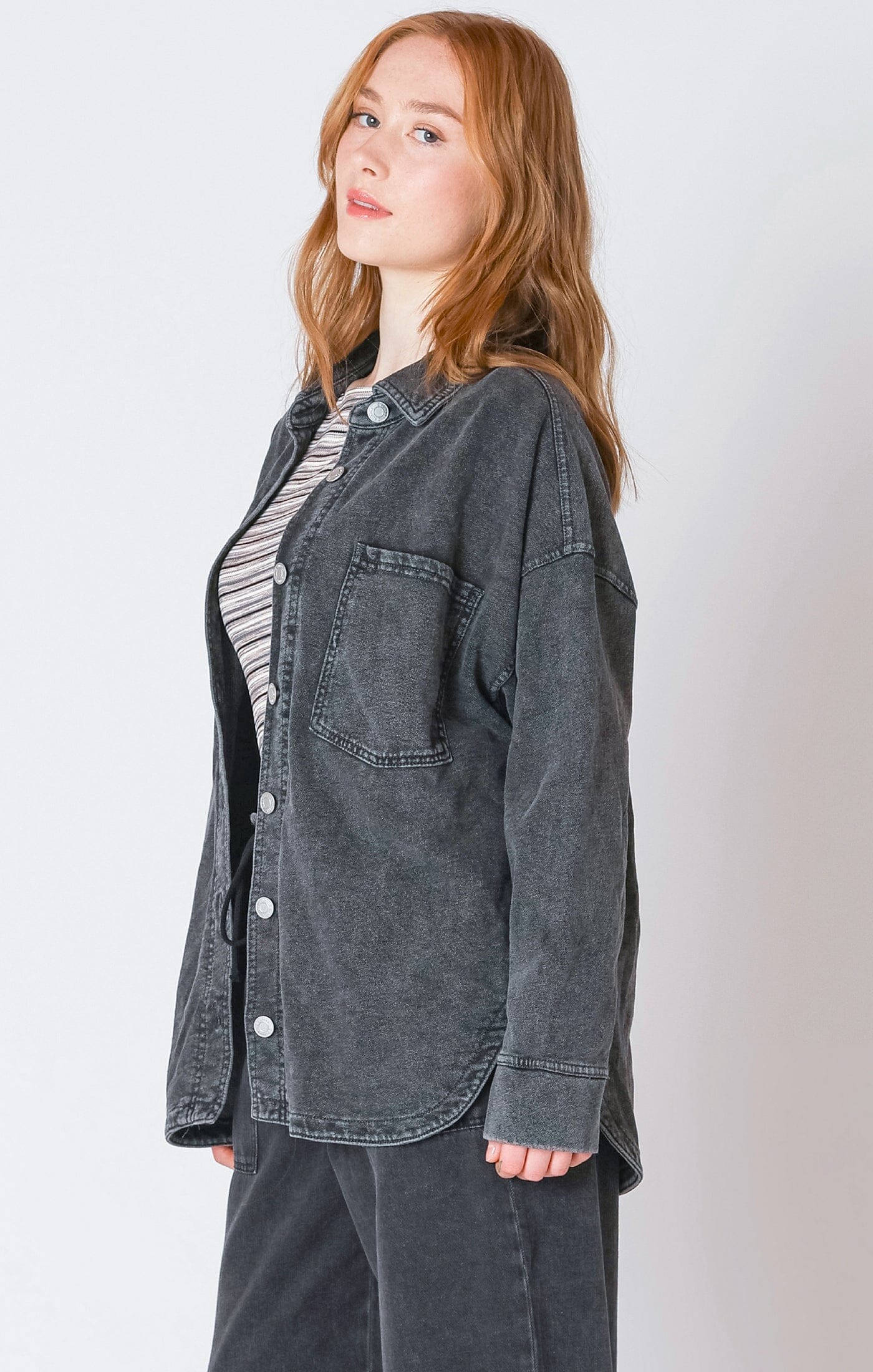 washed denim look soft knit, womens relaxed black jacket 