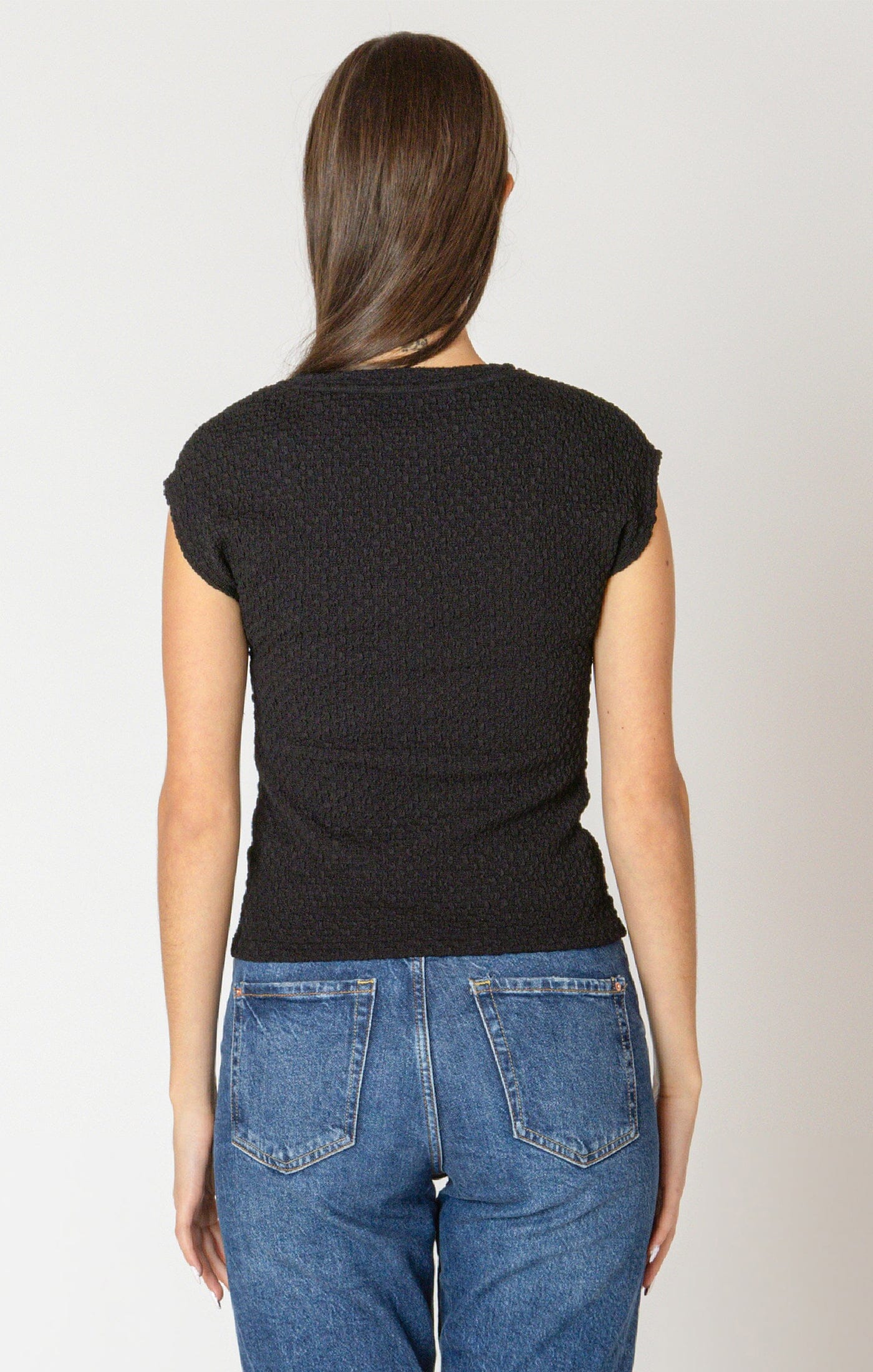 womens minimal cap sleeve shirt, classic black textured blouse 