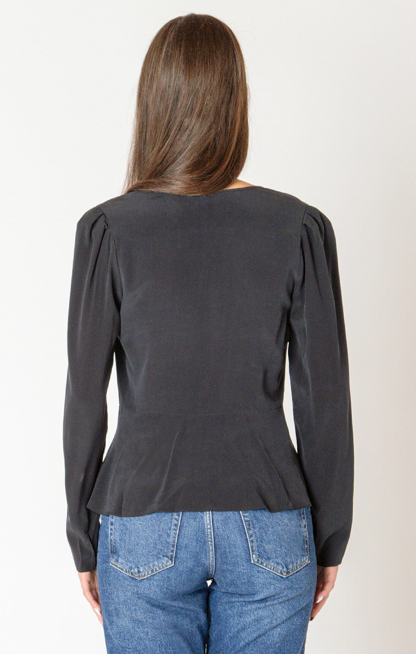 elegant black blouse, v-neck peplum top, button front blouse