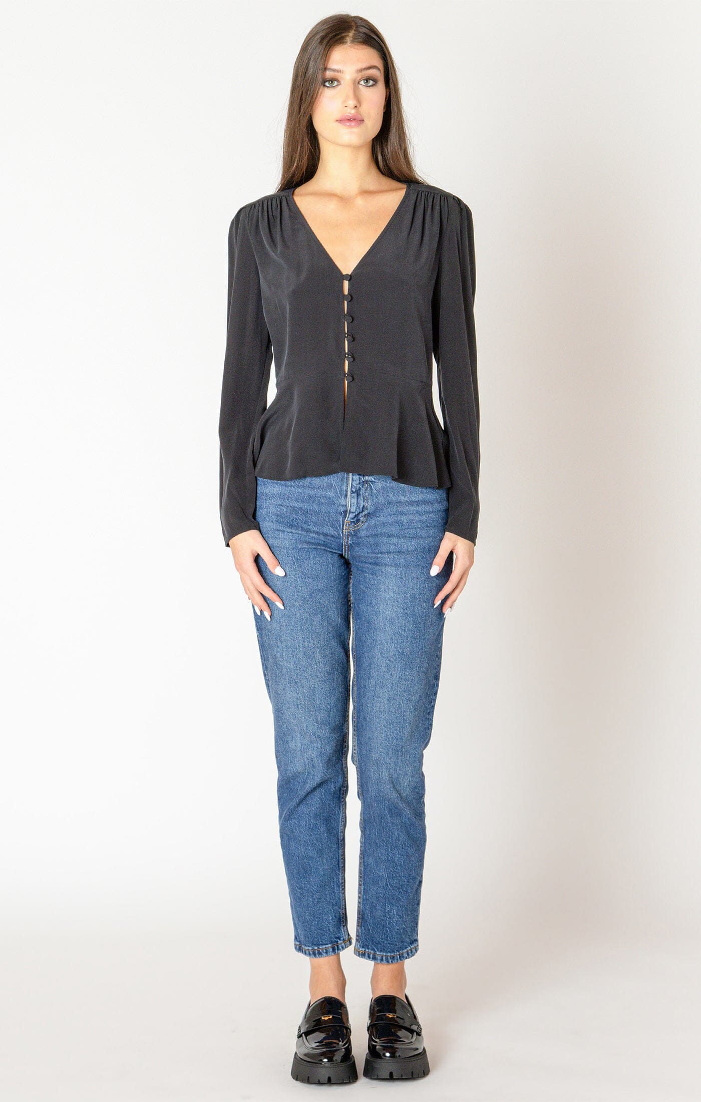 tailored feminine top, black evening blouse, dressy casual outfit
