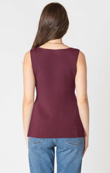 sleeveless knit top, gold button tank, burgundy blouse