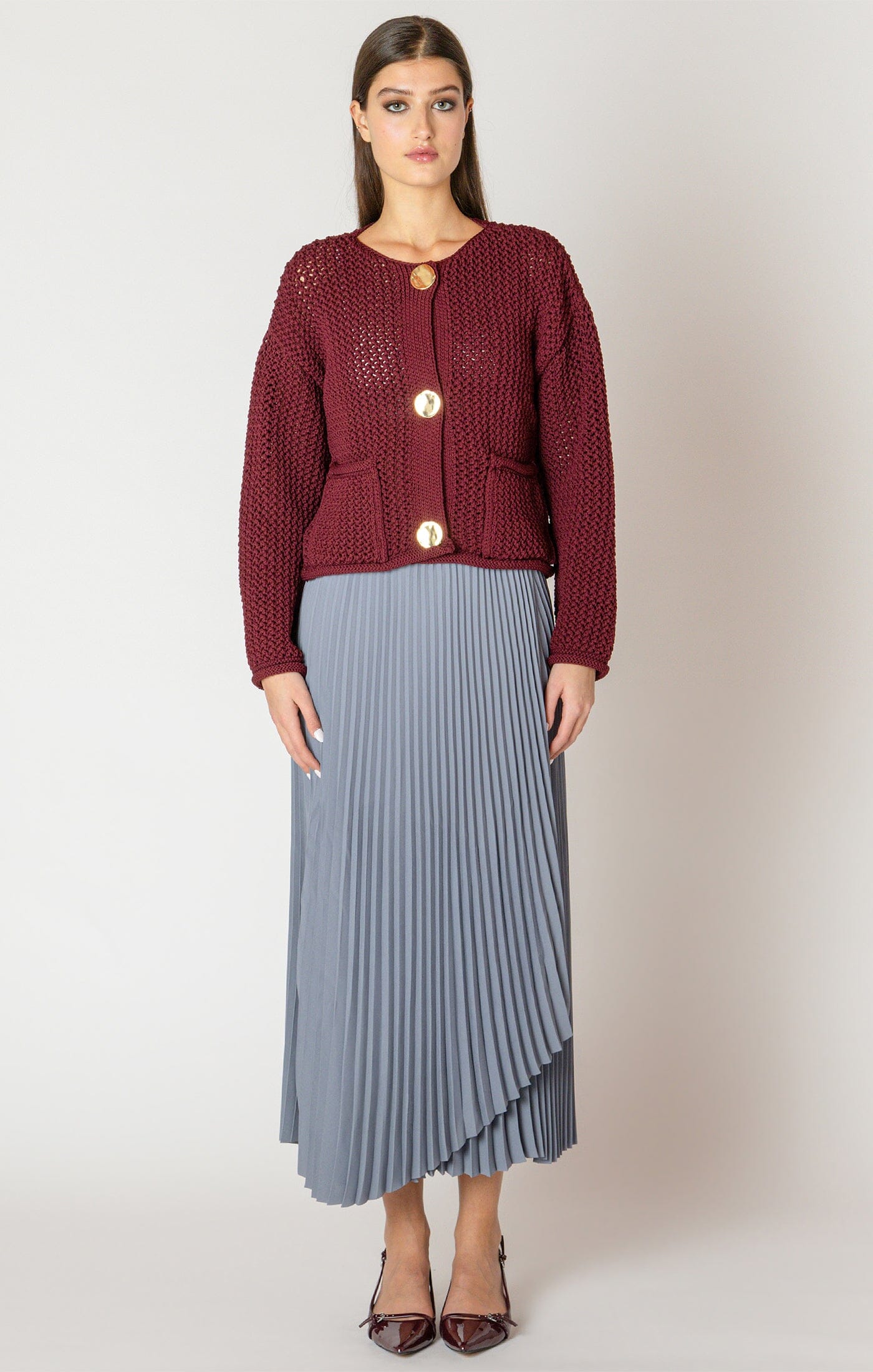 gold button cardigan, cozy fall sweater, textured layering piece