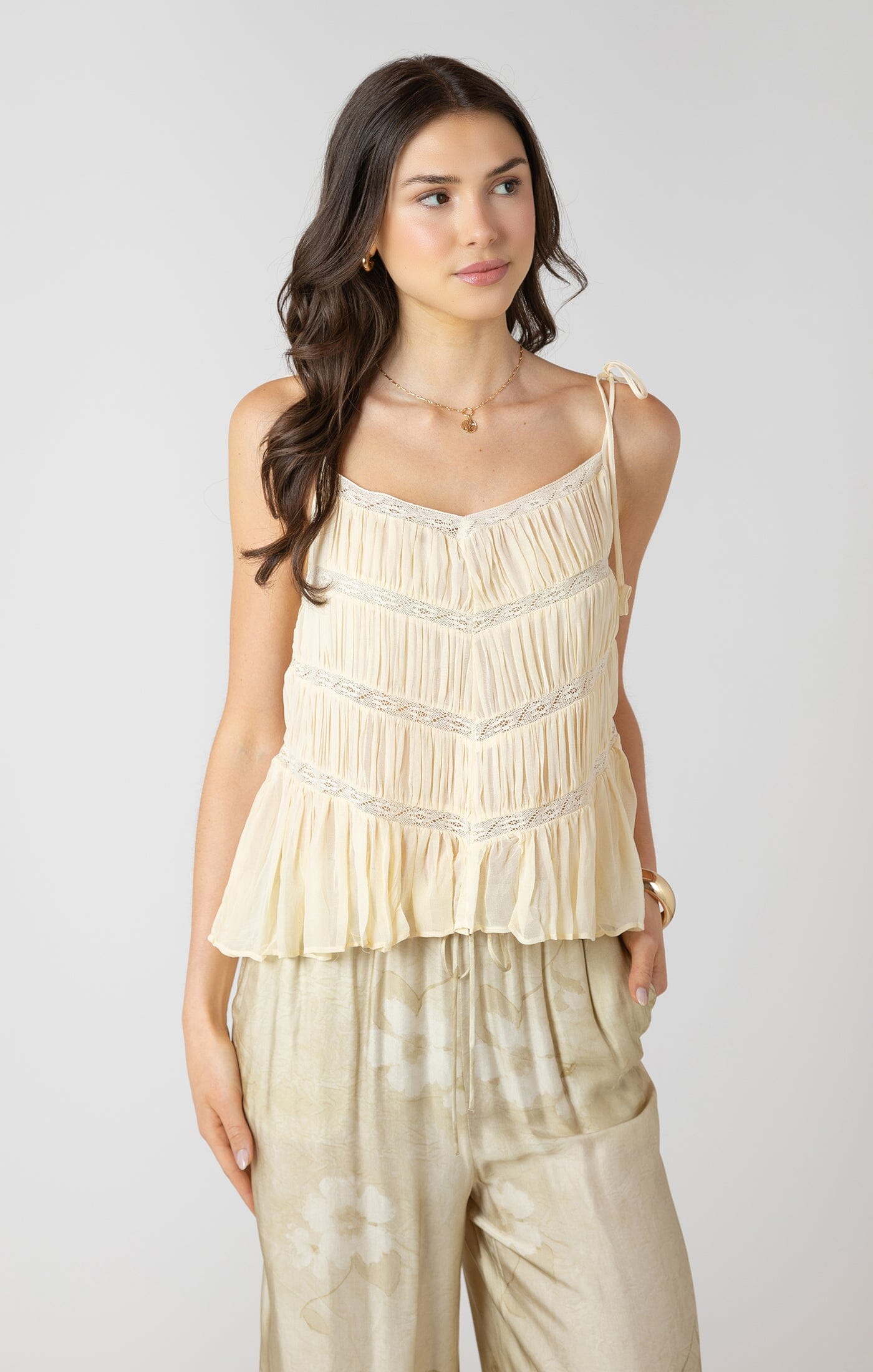 Tank Top for Women | Cream Lace Tie Shoulder Peplum Camisole | LORDON