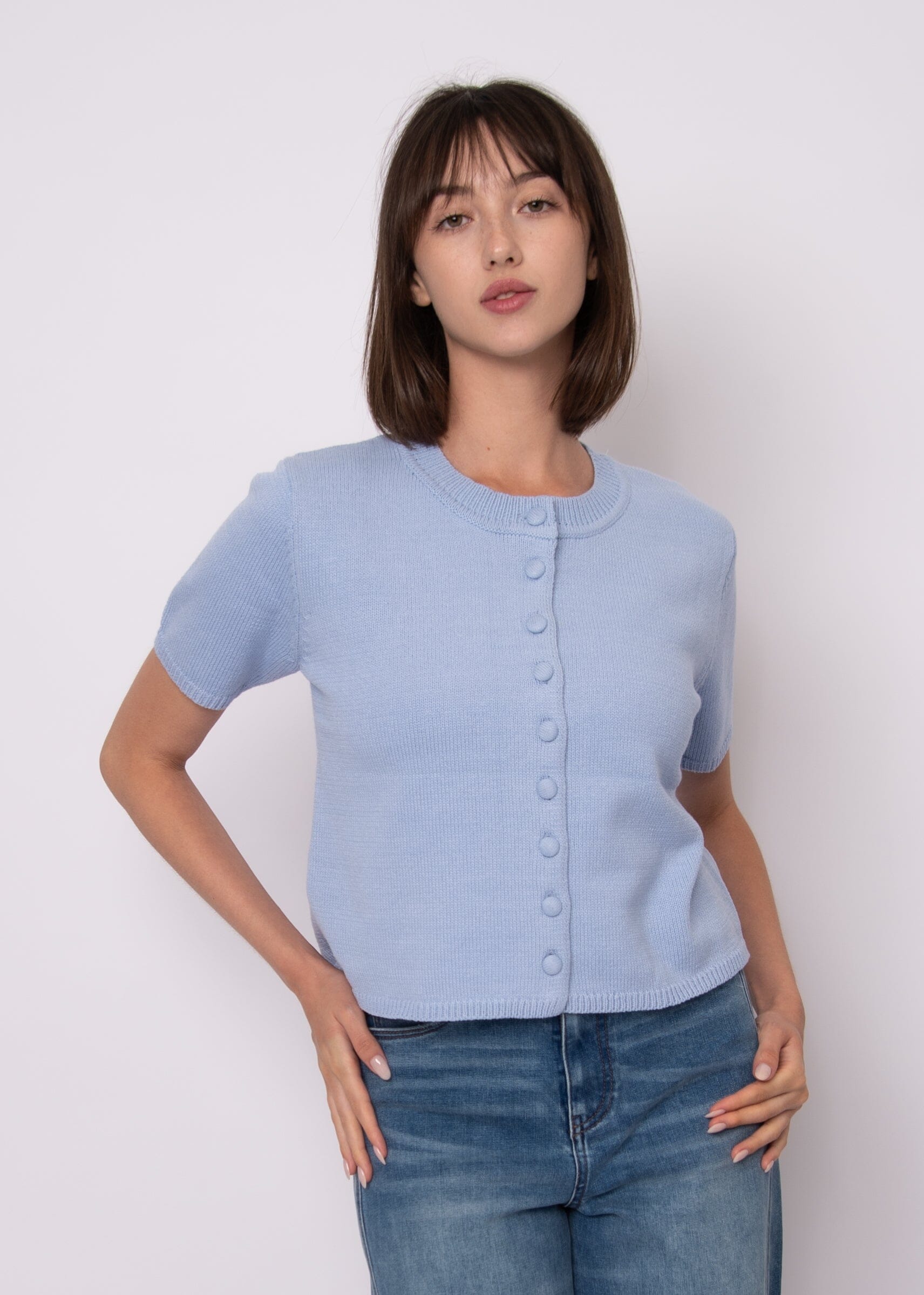 lightweight spring cardigan women, fitted short sleeve sweater, baby blue knit top women, crew neck cardigan women