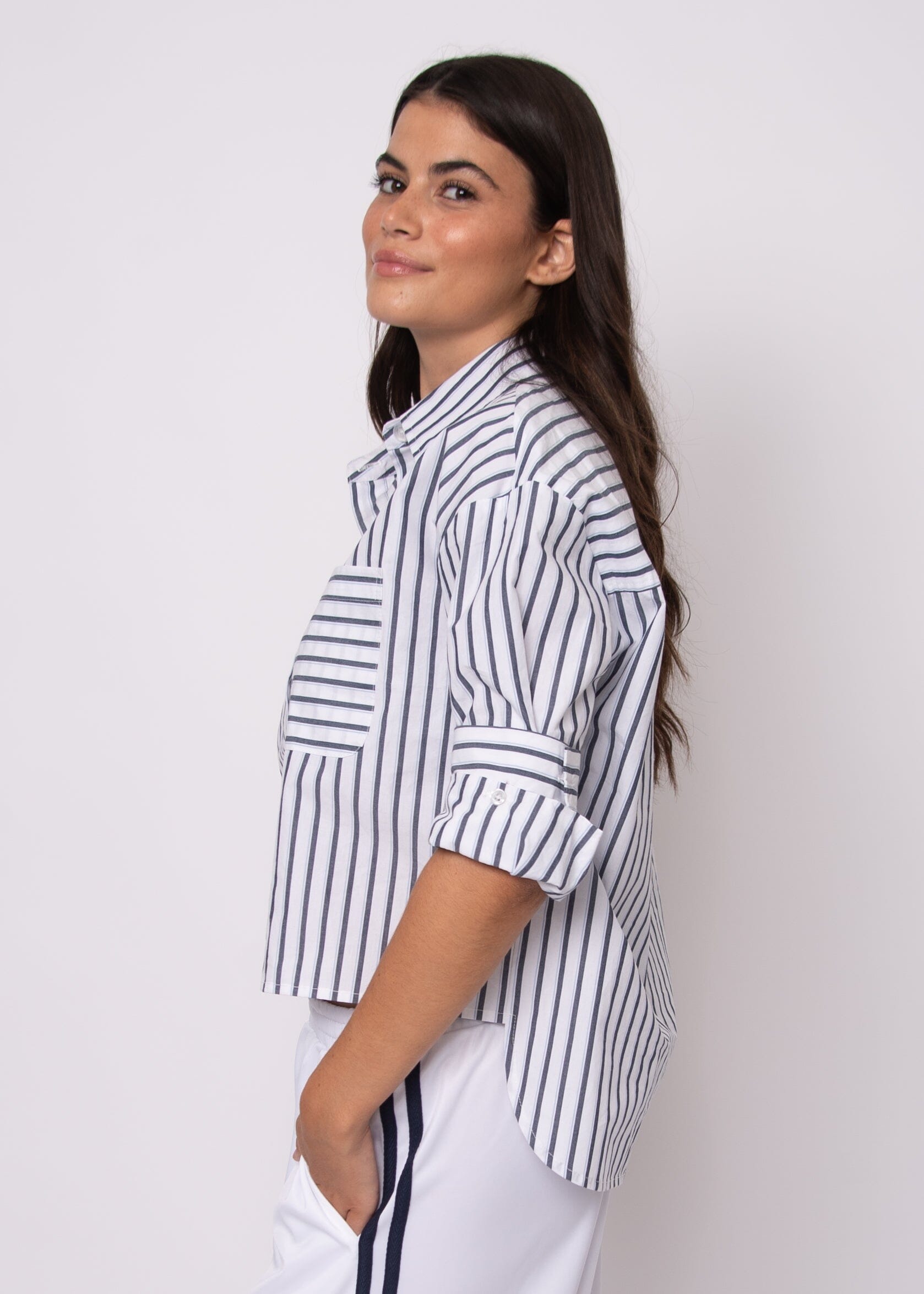 women hi low hem shirt, white striped collared shirt, striped modern work top women