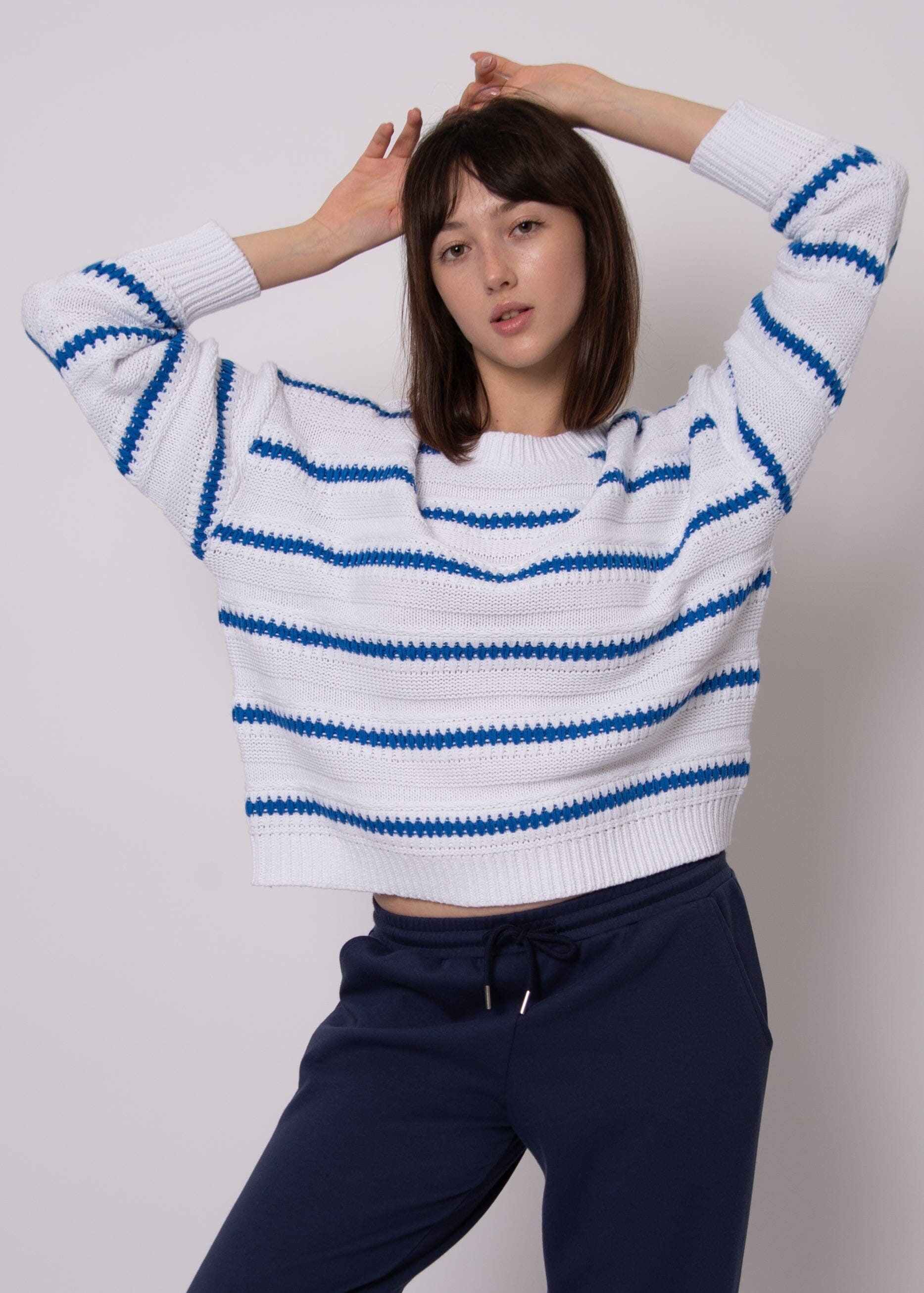 blue stripe knit sweater, white and blue stripe sweater women