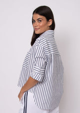 white and navy stripe blouse, striped work shirt women