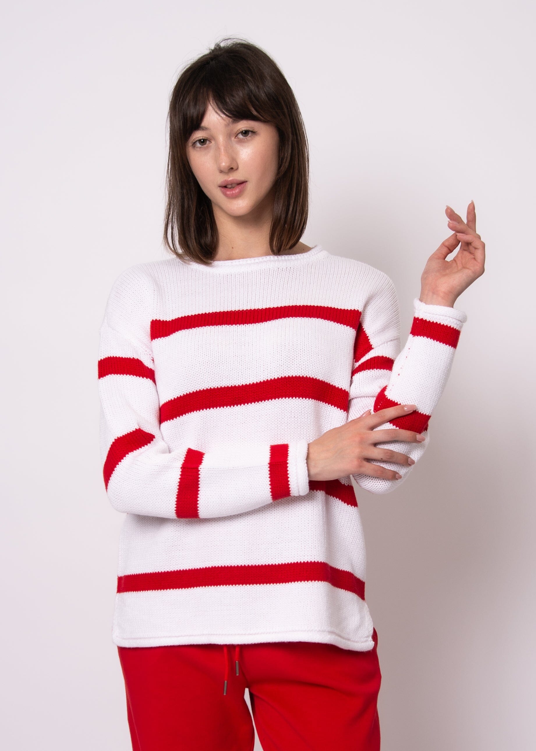 relaxed fit stripe sweater, chic red stripe sweater, classic stripe knit top