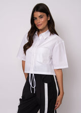 white capsule wardrobe top, white structured short sleeve shirt, women white office blouse, crisp white button down women, white tailored crop shirt, minimalist white shirt women