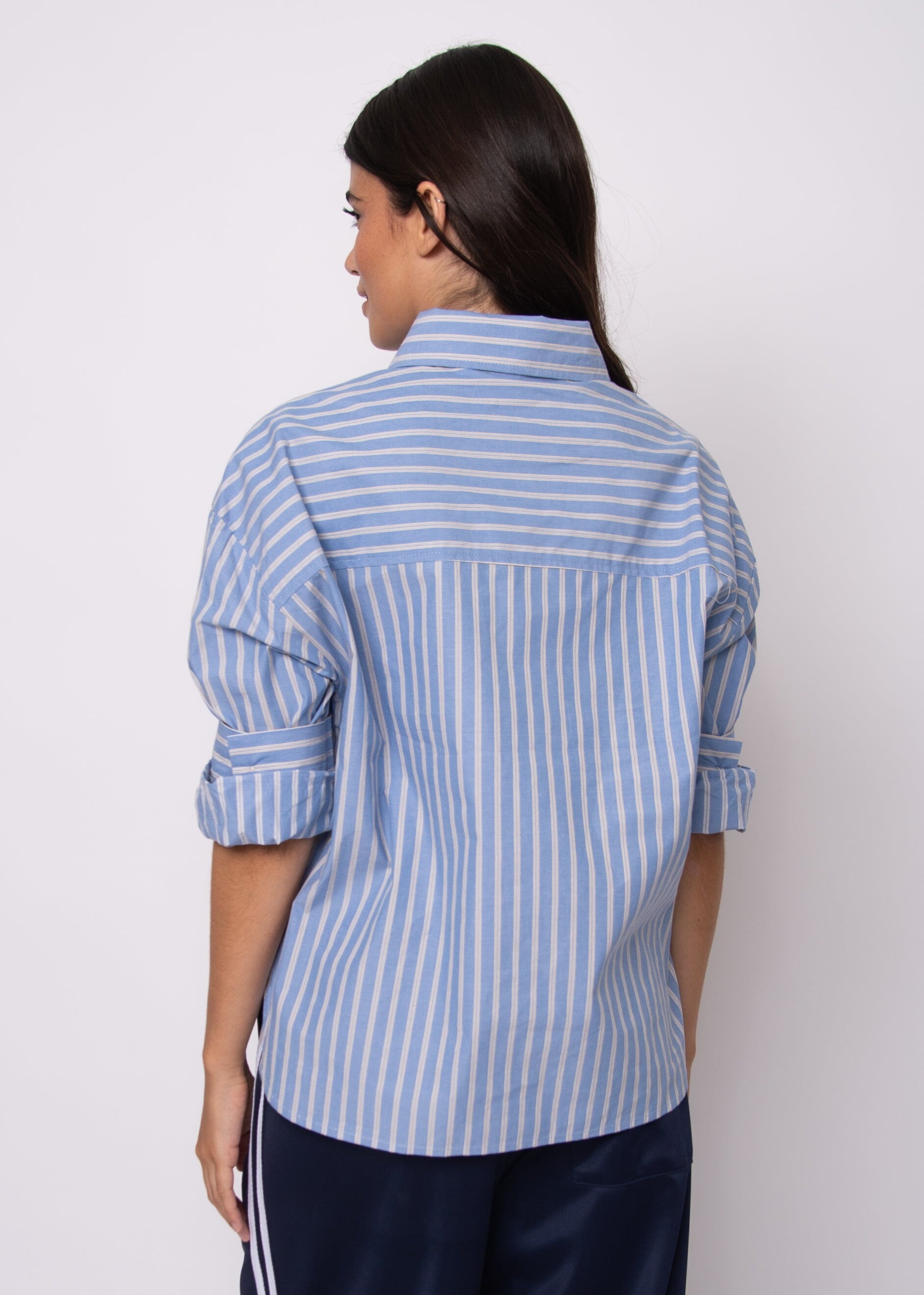women polished casual shirt blue, striped everyday staple blouse blue, classic blue striped button down women, blue strip