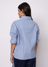 women polished casual shirt blue, striped everyday staple blouse blue, classic blue striped button down women, blue strip