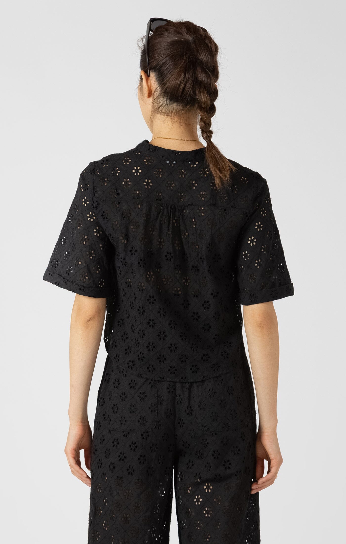 everyday dressy blouse women, romantic style blouse women, eyelet top women black, relaxed fit embroidered blouse women, stylish black 