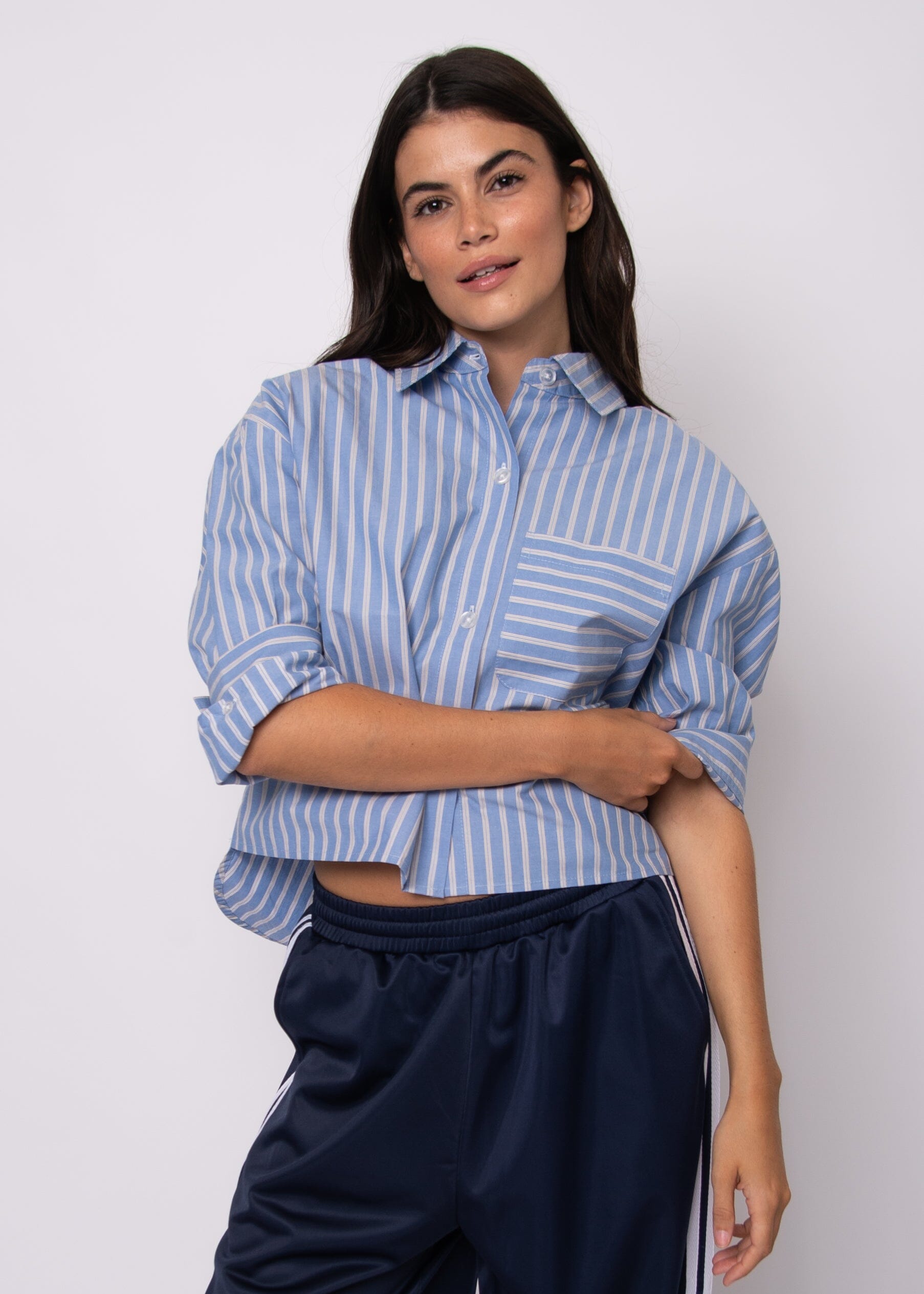 women hi low hem striped shirt, blue striped collared shirt, striped modern work top women, blue vertical stripe blouse women, breathable cotton striped shirt blue