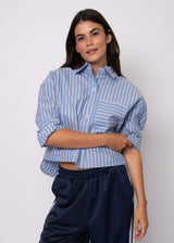 women hi low hem striped shirt, blue striped collared shirt, striped modern work top women, blue vertical stripe blouse women, breathable cotton striped shirt blue