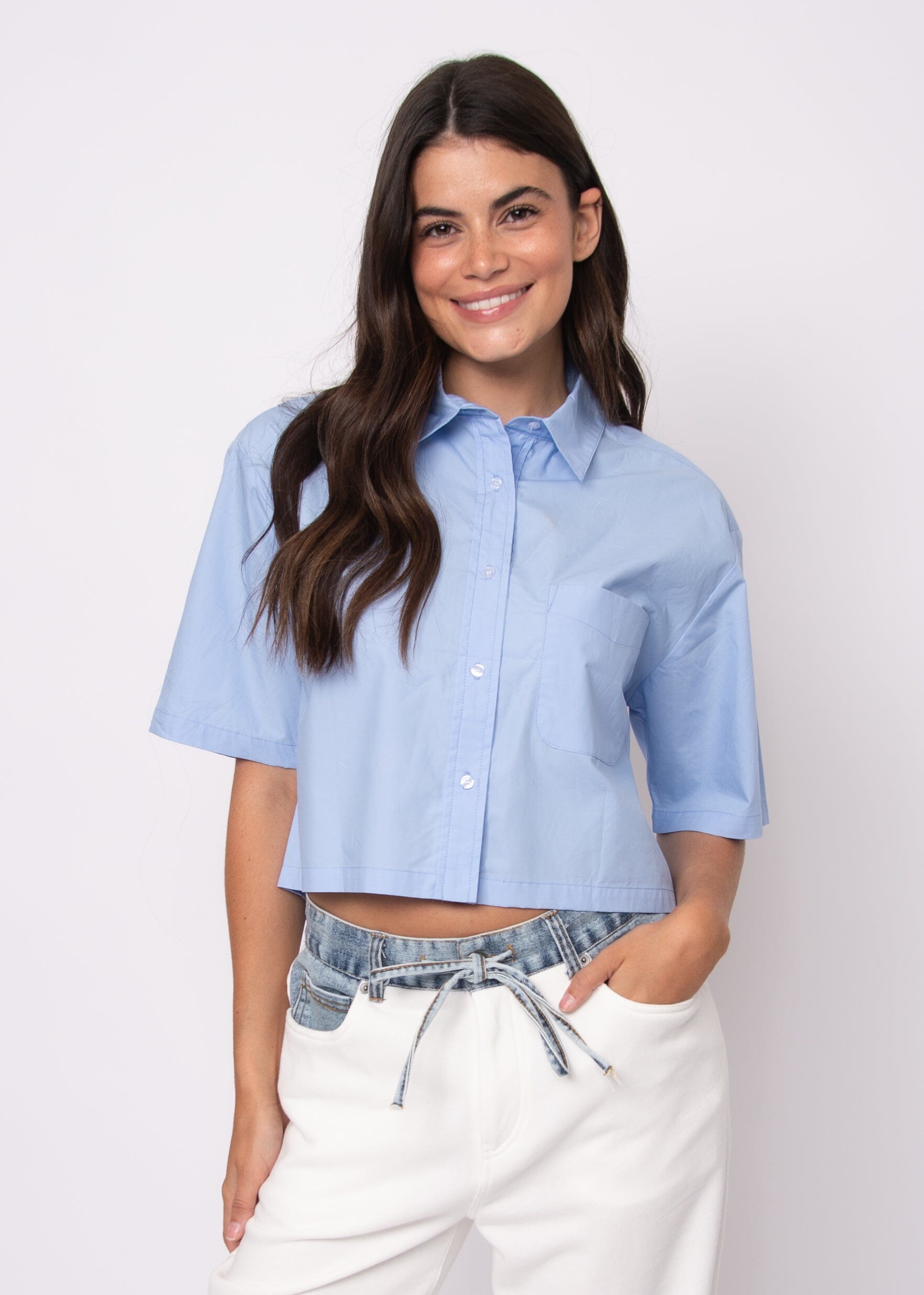 women blue office blouse, light blue button down women, blue tailored crop shirt, minimalist blue shirt women