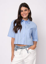 women blue office blouse, light blue button down women, blue tailored crop shirt, minimalist blue shirt women