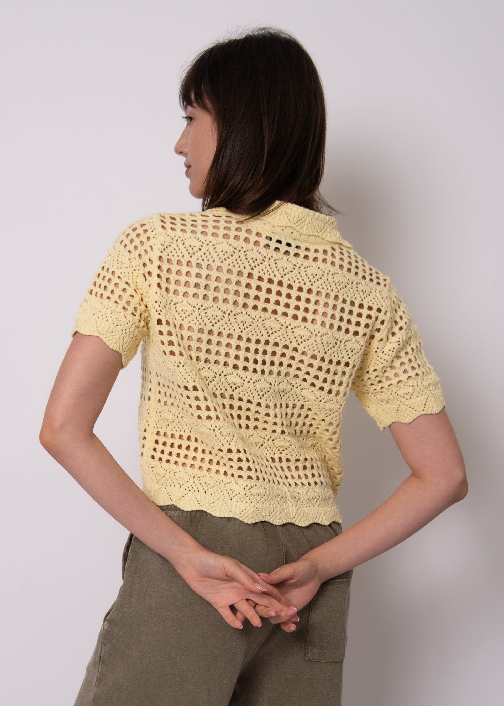 short sleeve knit sweater, yellow crochet top, casual knit blouse women, breathable knit top, summer knit top women
