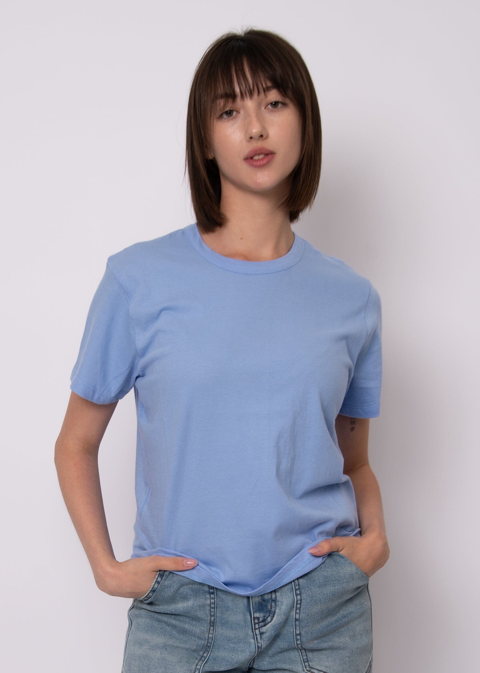fresh color t shirt blue, relaxed crew neck blue tee, soft pastel tee women, neutral blue top outfit, effortless style blue tee