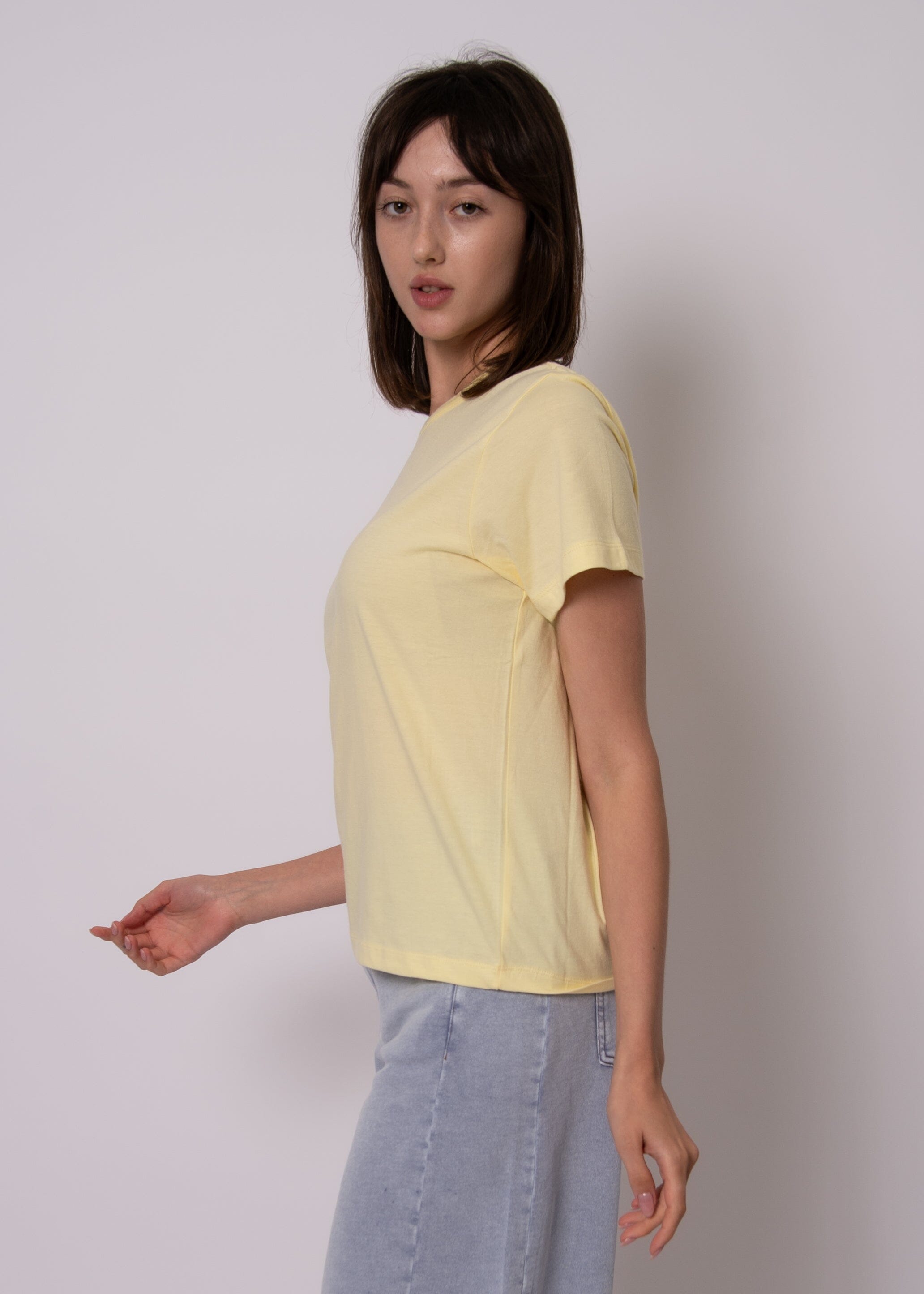 RD STYLE, soft fabric yellow tee, spring summer yellow t shirt, muted yellow tee outfit women, casual chic yellow t shirt, breathable cotton yellow tee, light yellow everyday top