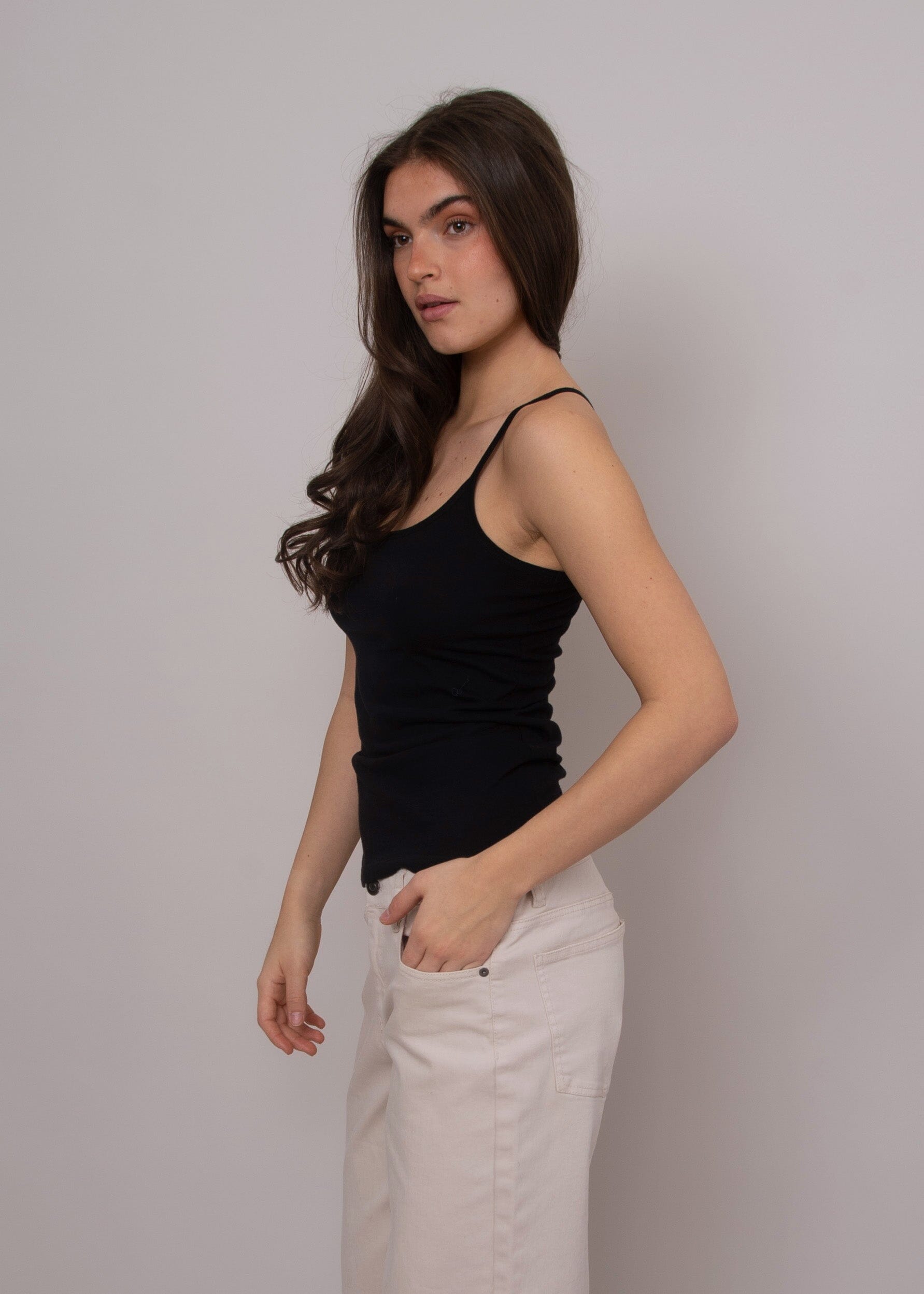 everyday essential tank top, lightweight black camisole style tank, casual black summer top women, stretchy black tank top fitted