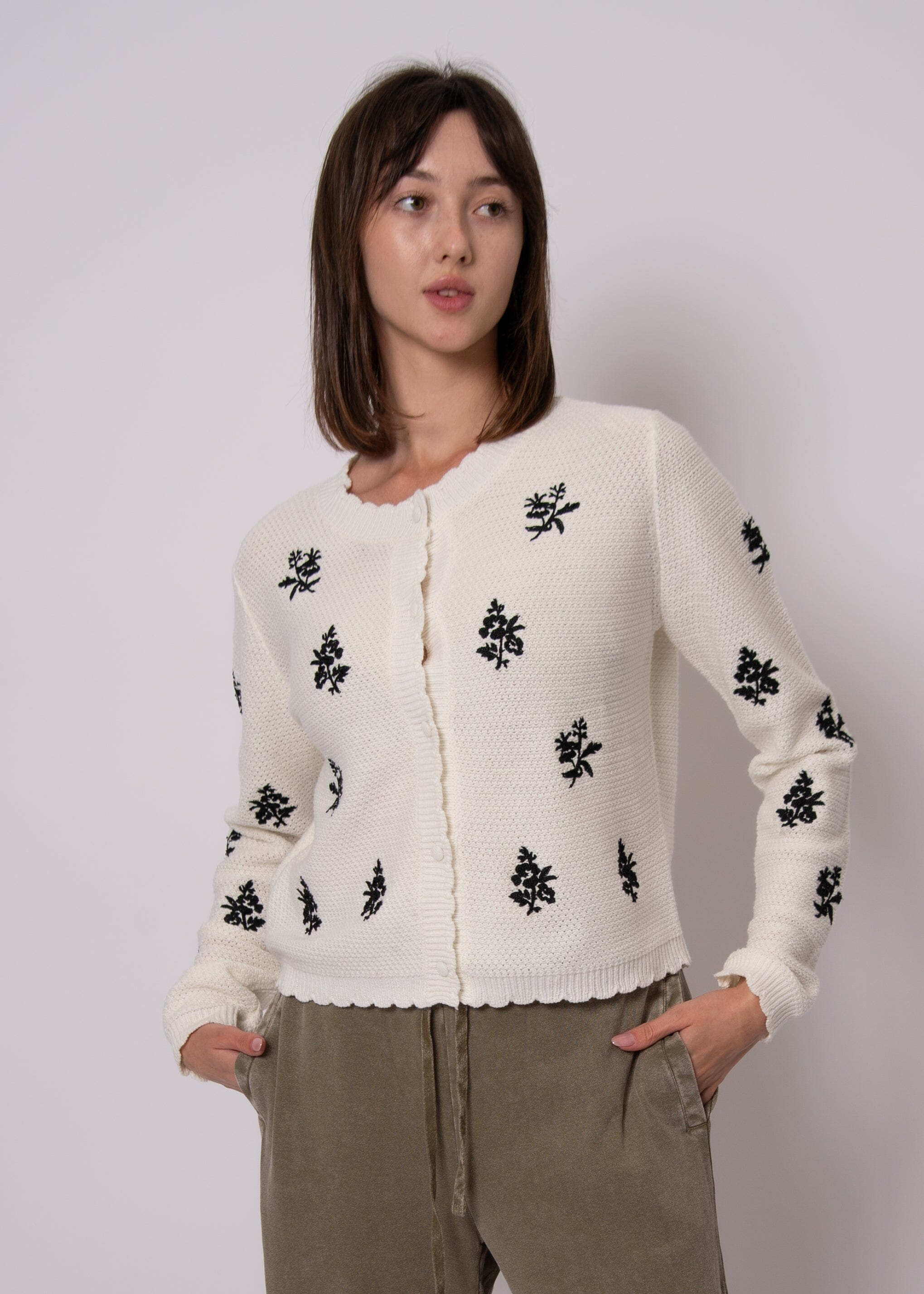 embroidered lightweight cardigan women, white feminine knit sweater, embroidered casual cardigan women, white button front knit top, black floral embroidery sweater, women soft knit cardigan