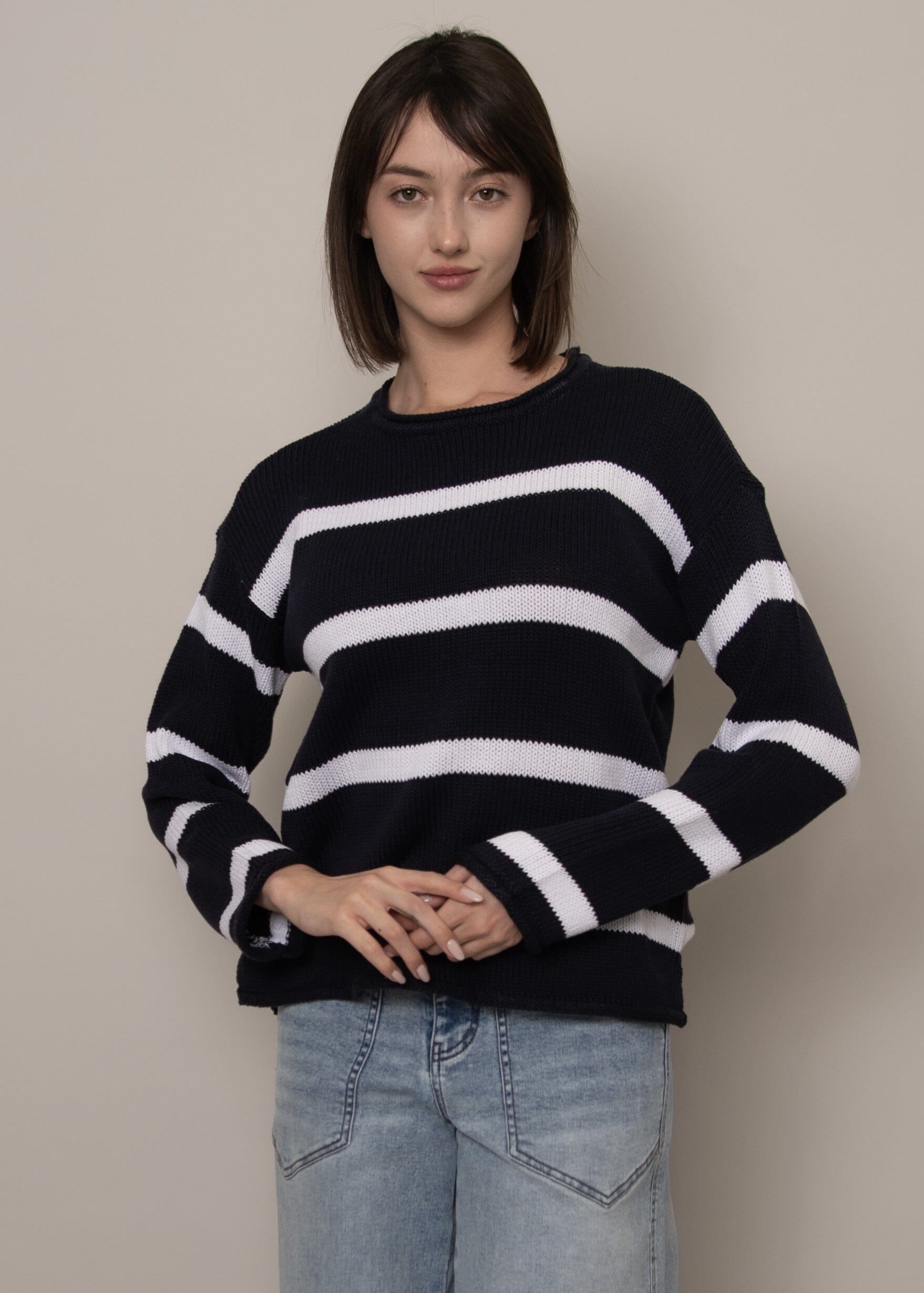 black stripe knit sweater, striped knit top women, black and white stripe sweater, casual striped knit, off duty style knit sweater