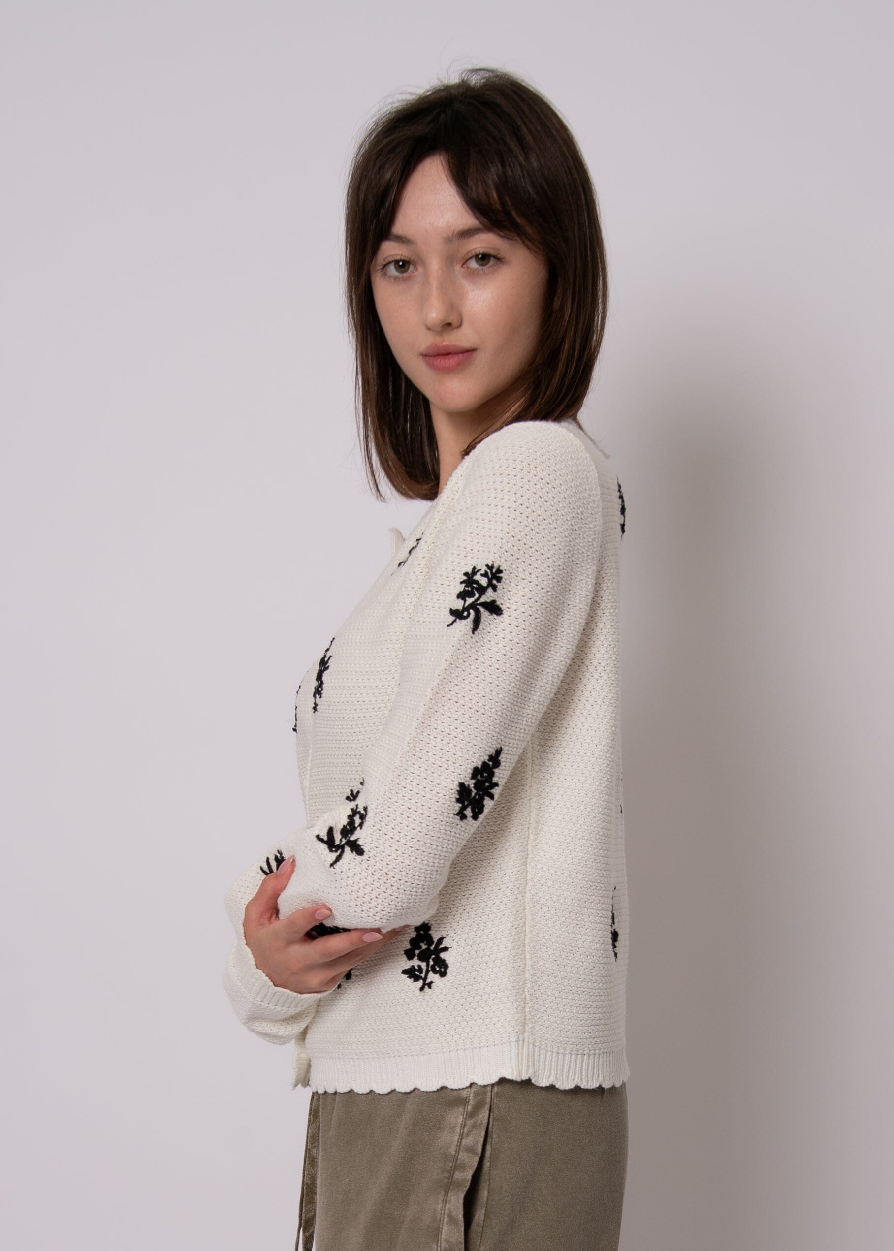 white transitional cardigan women, chic embroidered sweater women, white scalloped trim cardigan, embroidered capsule wardrobe sweater