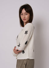 white transitional cardigan women, chic embroidered sweater women, white scalloped trim cardigan, embroidered capsule wardrobe sweater